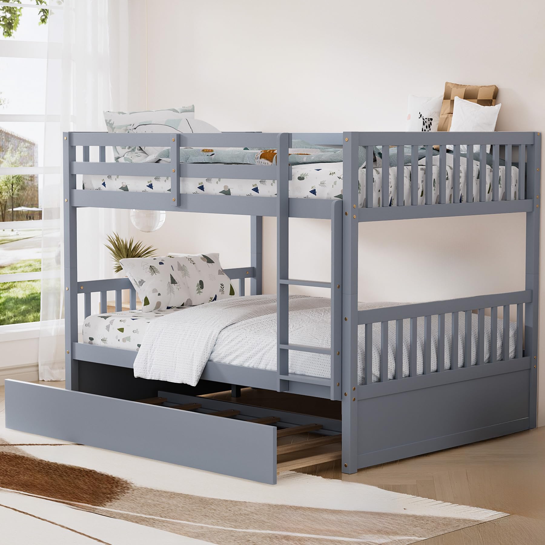 Rophefx Full Over Full Bunk Bed with Trundle - Convertible Wooden Bunk Beds for Kids, Teens & Adults - Sturdy Frame with Safety Rails & Ladder - Space-Saving Grey Bunkbed for Small Rooms, Guest Rooms & Vacation Homes