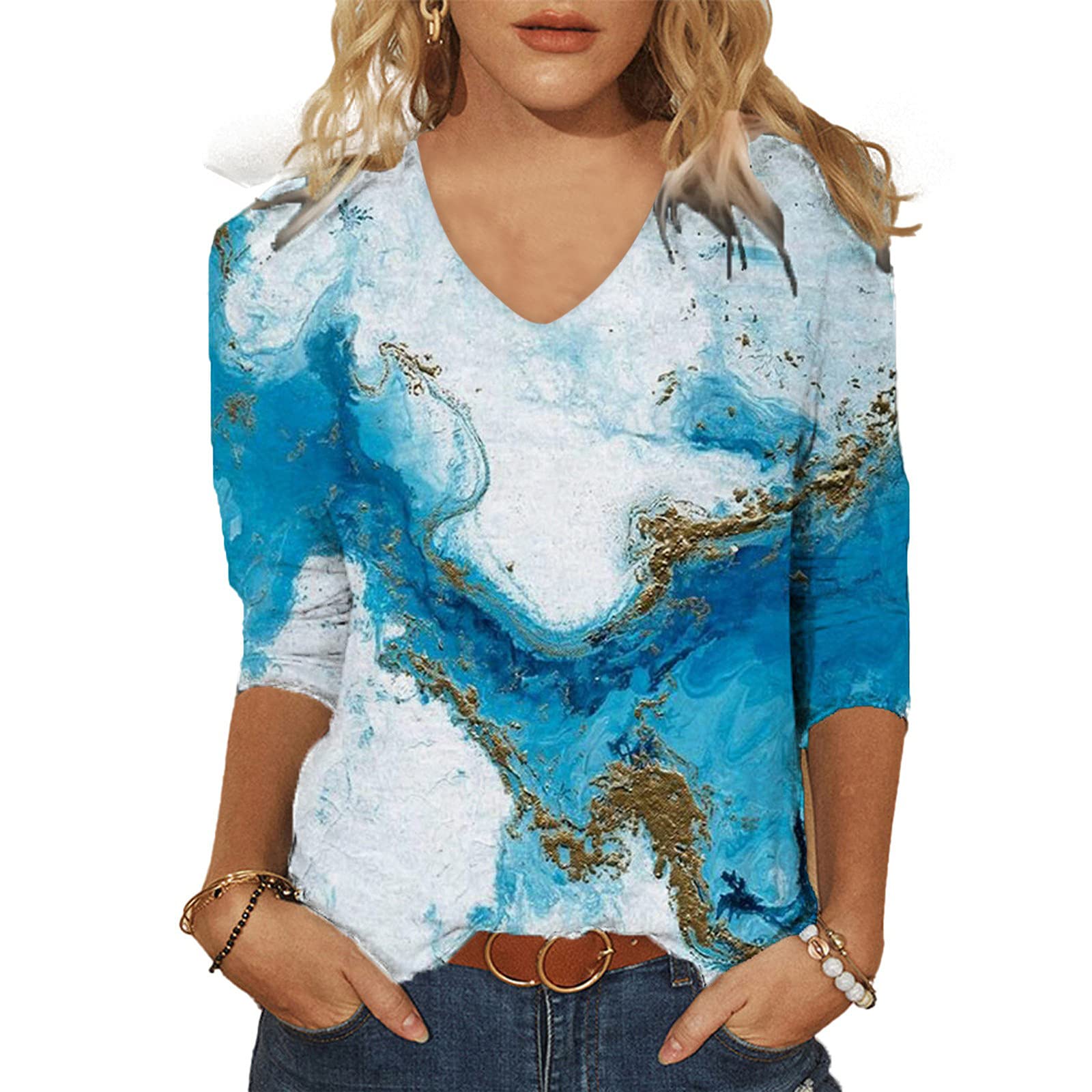 Women's 3/4 Sleeve V-Neck Marble Print Tee Shirts - Casual Loose Fit Lightweight Henley Tops for Women | Perfect for Everyday Wear, Office & Weekend Outings
