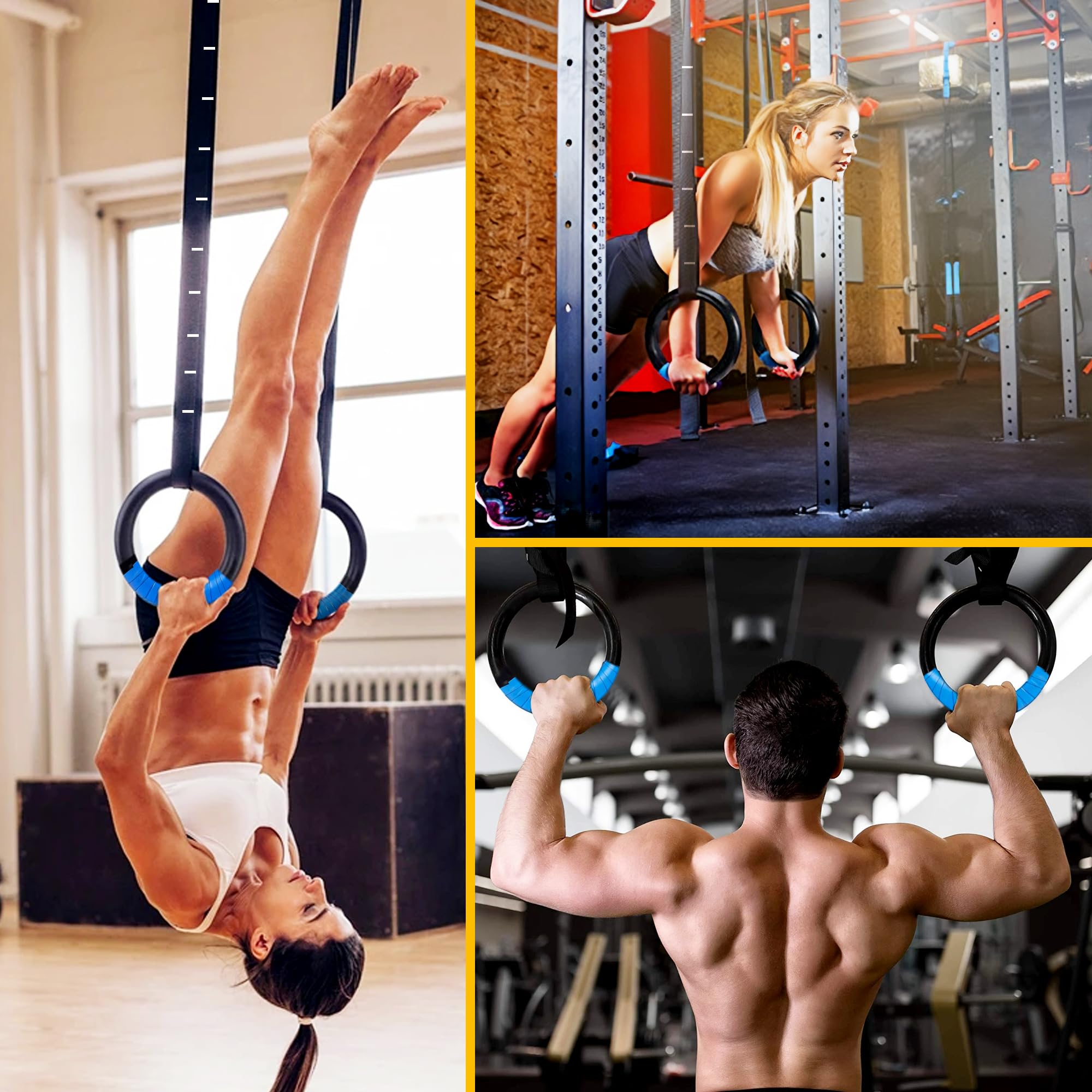 HMART Wooden Gymnastic Rings - 1600lbs Capacity with Loop Bands & 15ft Adjustable Straps - Anti-Slip Sweat-Absorbent Hand Tape - Perfect for Home Gym, Outdoor Workouts, CrossFit Training and Strength Exercises