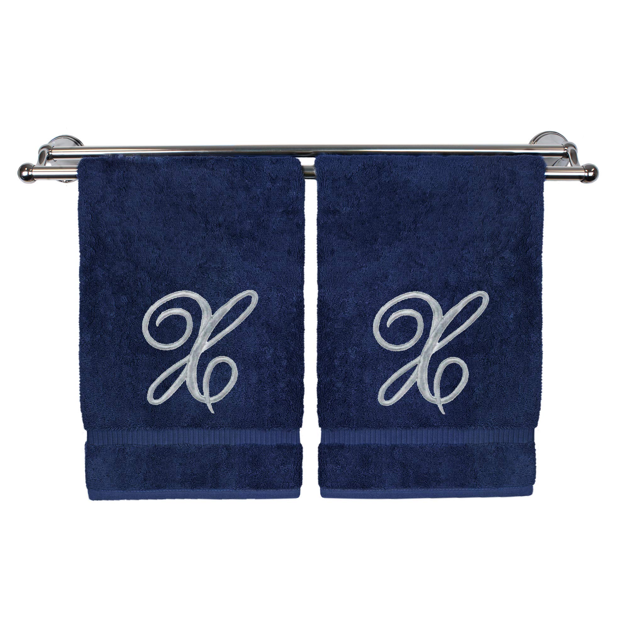 Personalized Monogrammed Hand Towels Set of 2 - 16x30 Inches 100% Turkish Cotton - Extra Absorbent Silver Embroidered Bath Towels - Soft Terry Finish for Bathroom, Kitchen, Spa Gift - Script X Navy Design - Perfect for Guest Bathrooms, Wedding Gifts & Luxury Home Decor