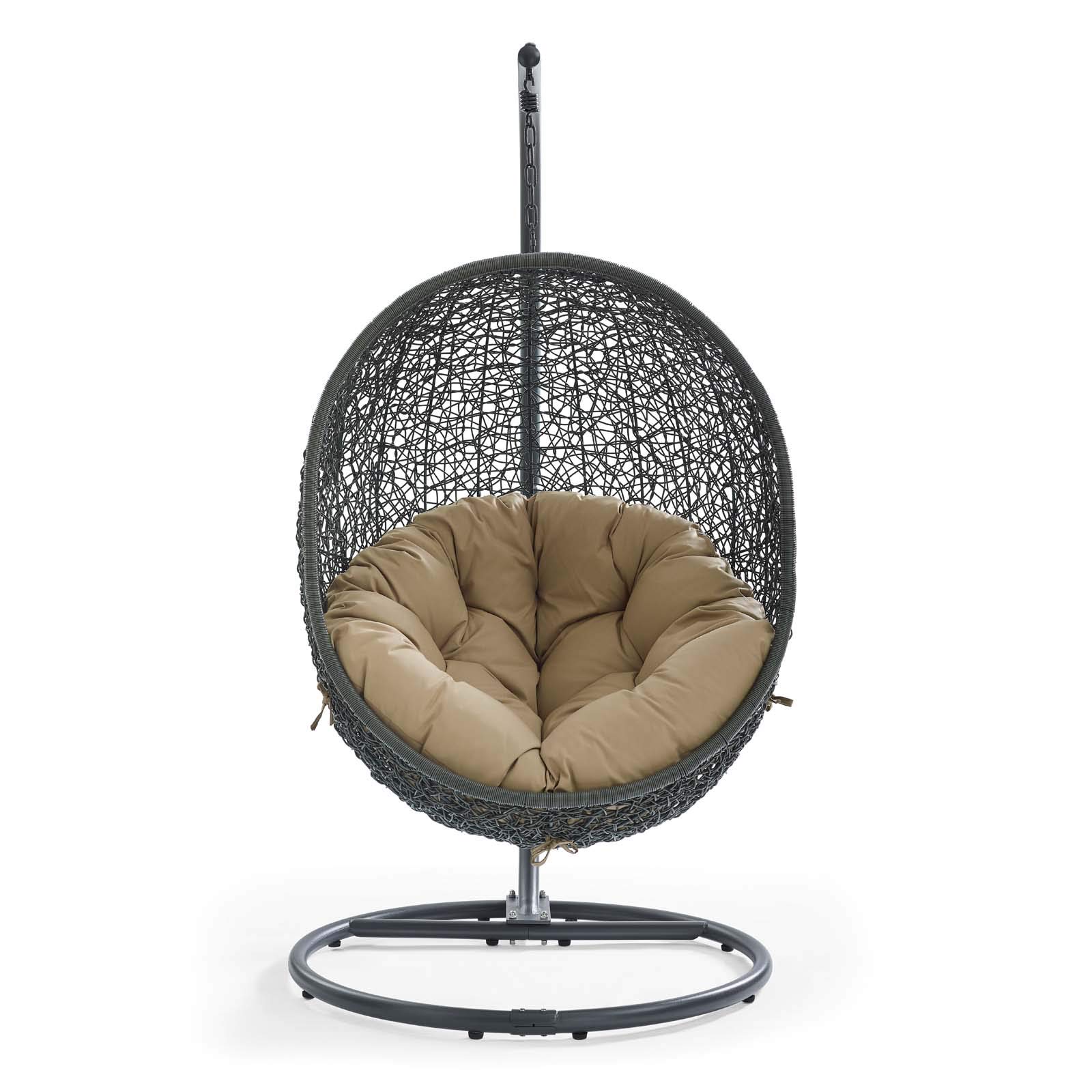 Modway EEI-2273-GRY-MOC Gray Mocha Outdoor Wicker Egg Swing Chair with Stand - Rattan Patio Lounge Chair for Porch, Garden & Backyard Relaxation