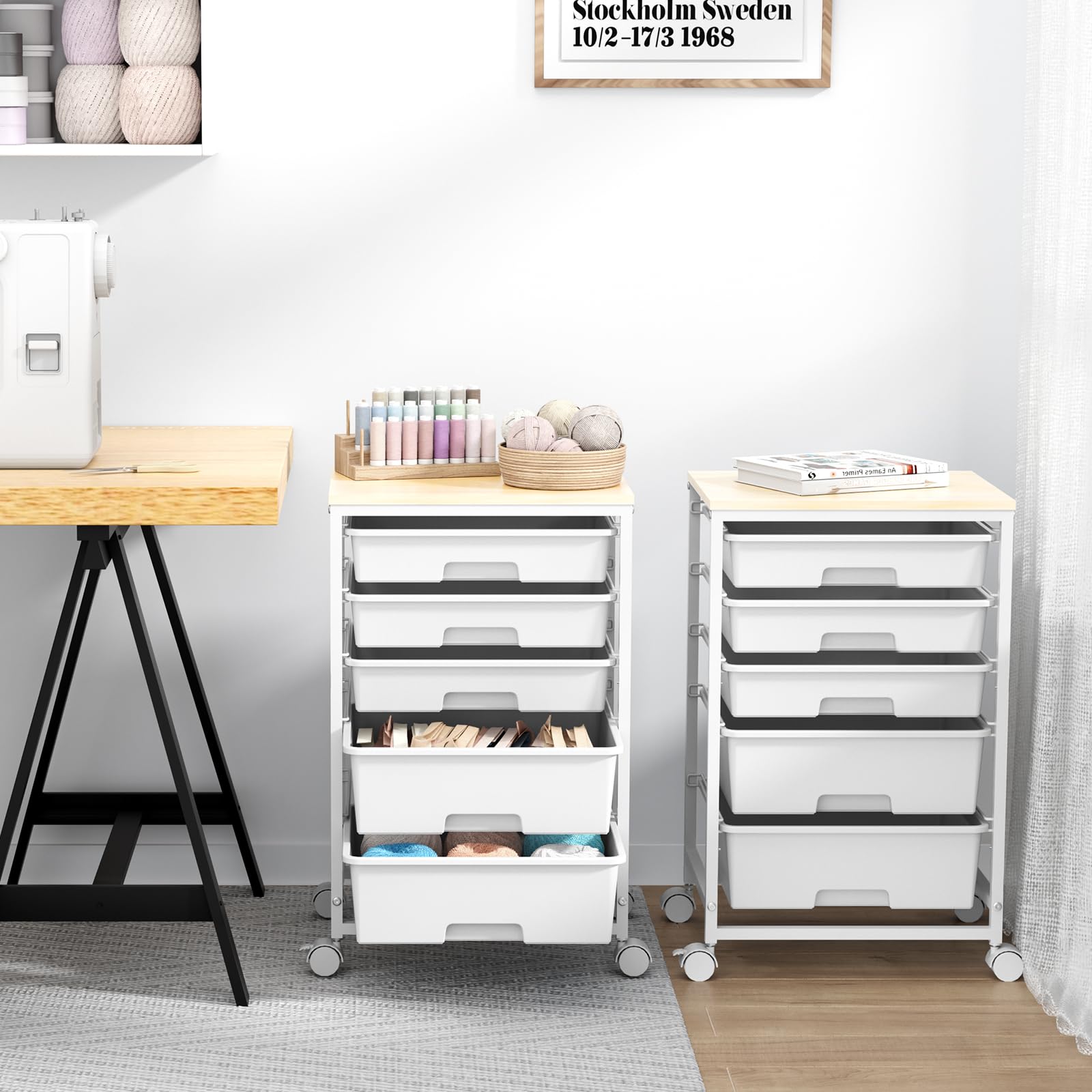 5-Tier Rolling Utility Cart with 5 Drawers & Lockable Wheels - Wooden Tabletop Storage Trolley for Crafts, Office, or Kitchen Organization - Bright White Mobile Workstation for Home, Workshop & DIY Projects
