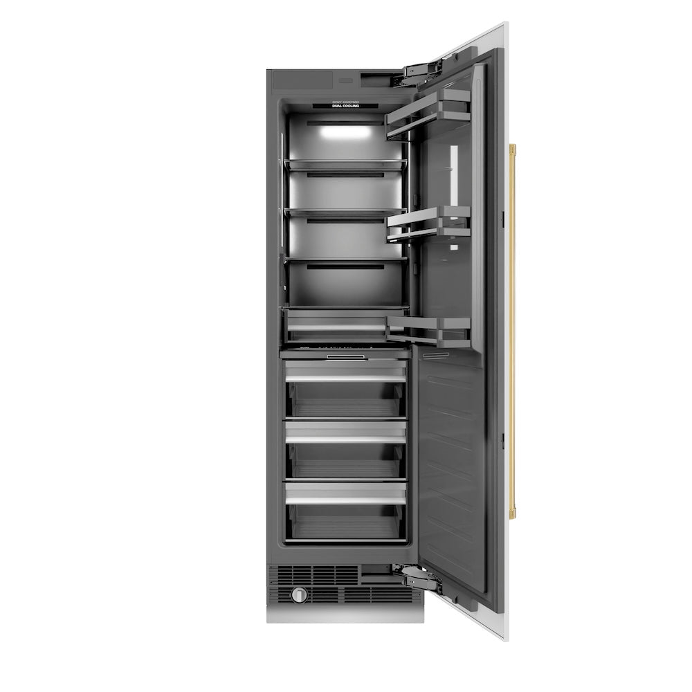 ZLINE Autograph Edition 24 Inch 12.5 Cu Ft Column Refrigerator - White Matte Finish with Graphite Gray Interior & Polished Gold Accents (RCRVZ WM 24 G) | Built-In Kitchen Appliance for Modern Homes & Luxury Condos