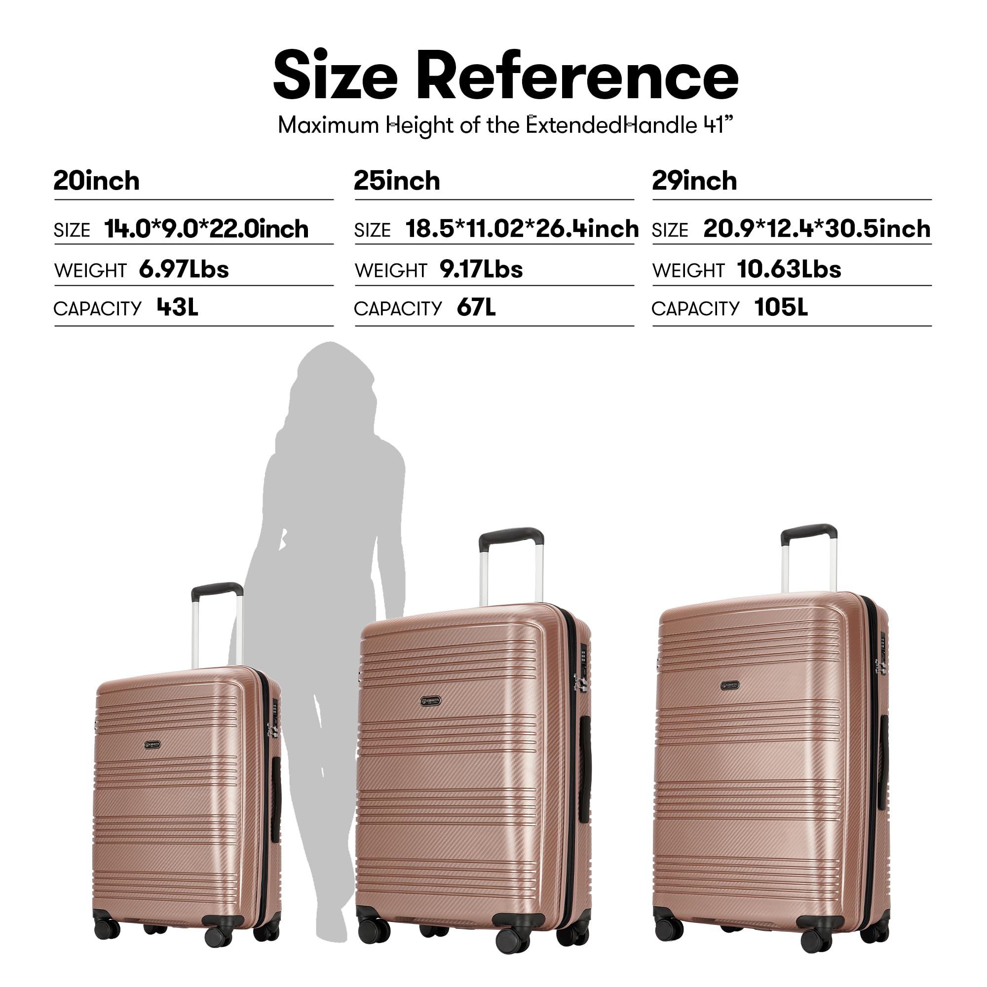 3 Piece Luggage Set for Women - Durable Expandable Spinner Suitcases with TSA Lock (20in 25in 29in) Rose Gold - Perfect for Travel, Business Trips & Vacations
