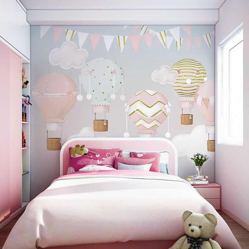 Pinkish Sky with Hot Air Balloons Nursery Wallpaper - Soft Pastel Baby Room Decor for Girls & Boys - Perfect for Nursery, Bedroom, Playroom & Kids' Room