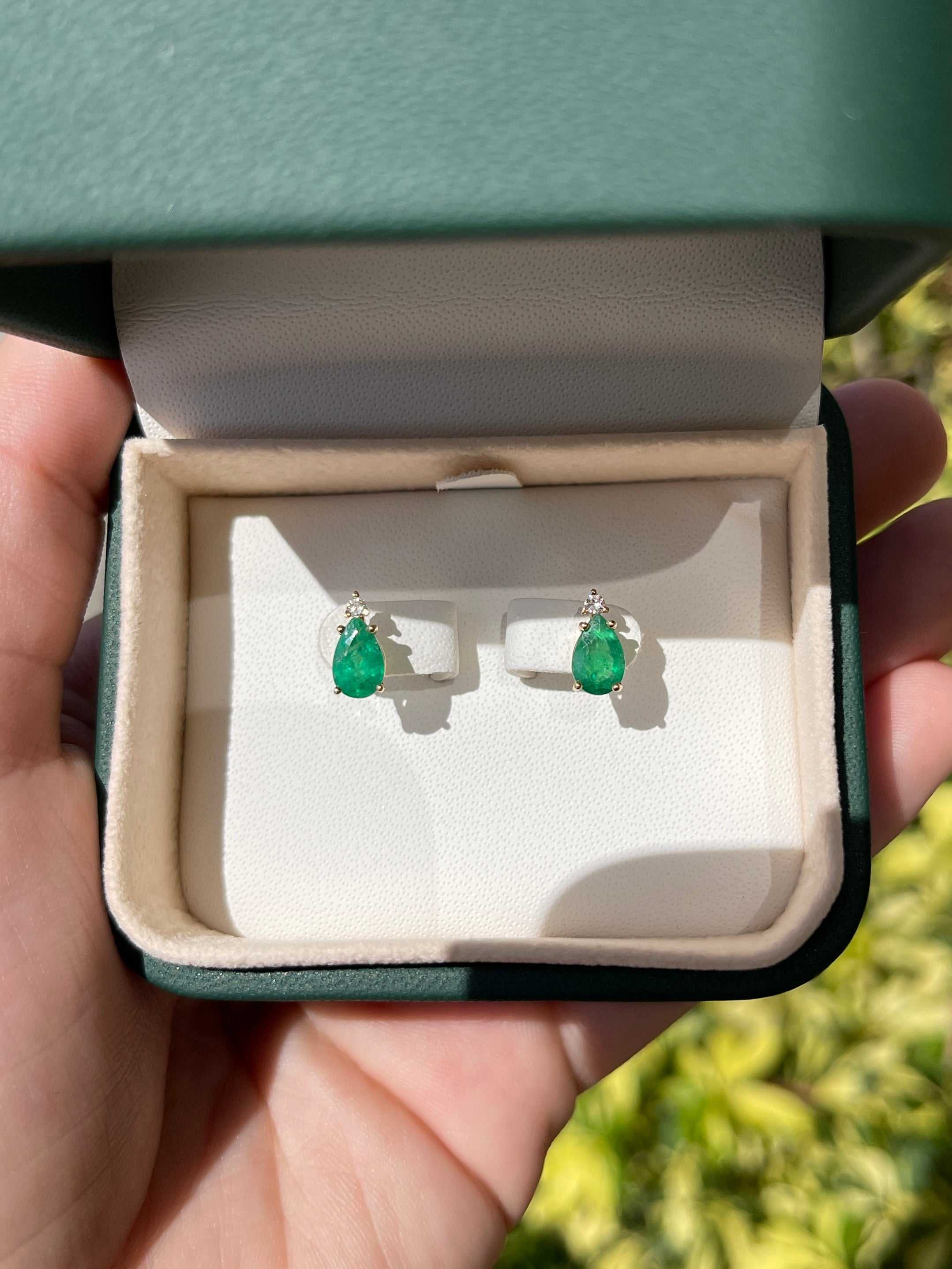 1.66tcw Natural Emerald and Diamond Stud Earrings in 14K Gold - Elegant Teardrop Design for Women, Perfect for Weddings, Parties & Special Occasions