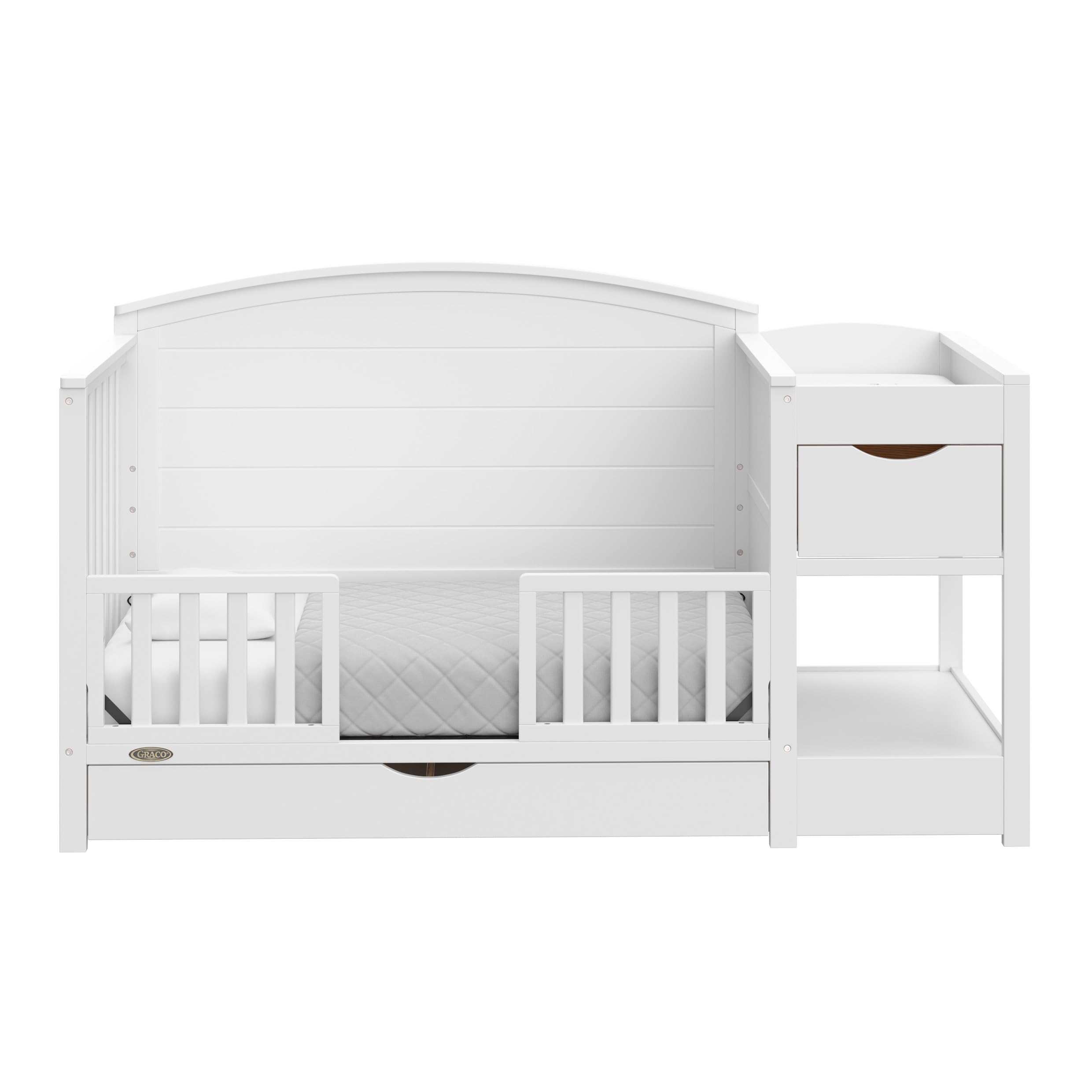 Graco Bellwood 5-in-1 Convertible Crib & Changer with Storage Drawer (White) - GREENGUARD Gold Certified, Converts to Toddler Bed & Full Bed, Nursery Furniture for Baby & Kids Room, Modern & Space-Saving Design
