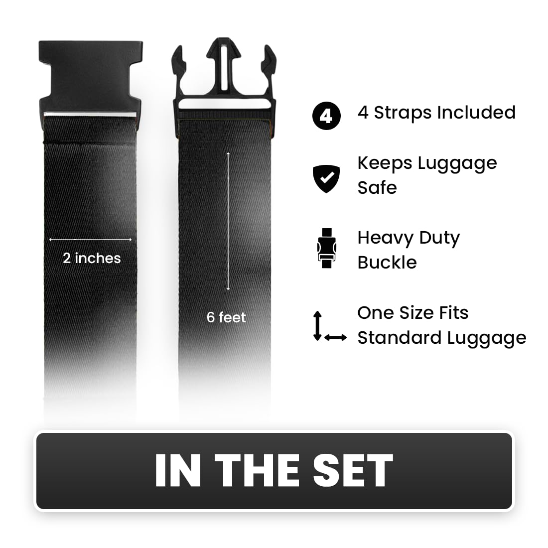 L'AIKEAU 4-Pack Adjustable Luggage Straps for Suitcases, Backpacks & Travel Bags - Secure Travel Accessories with Heavy-Duty Buckles (Black) - Perfect for Airports, Train Travel & Road Trips