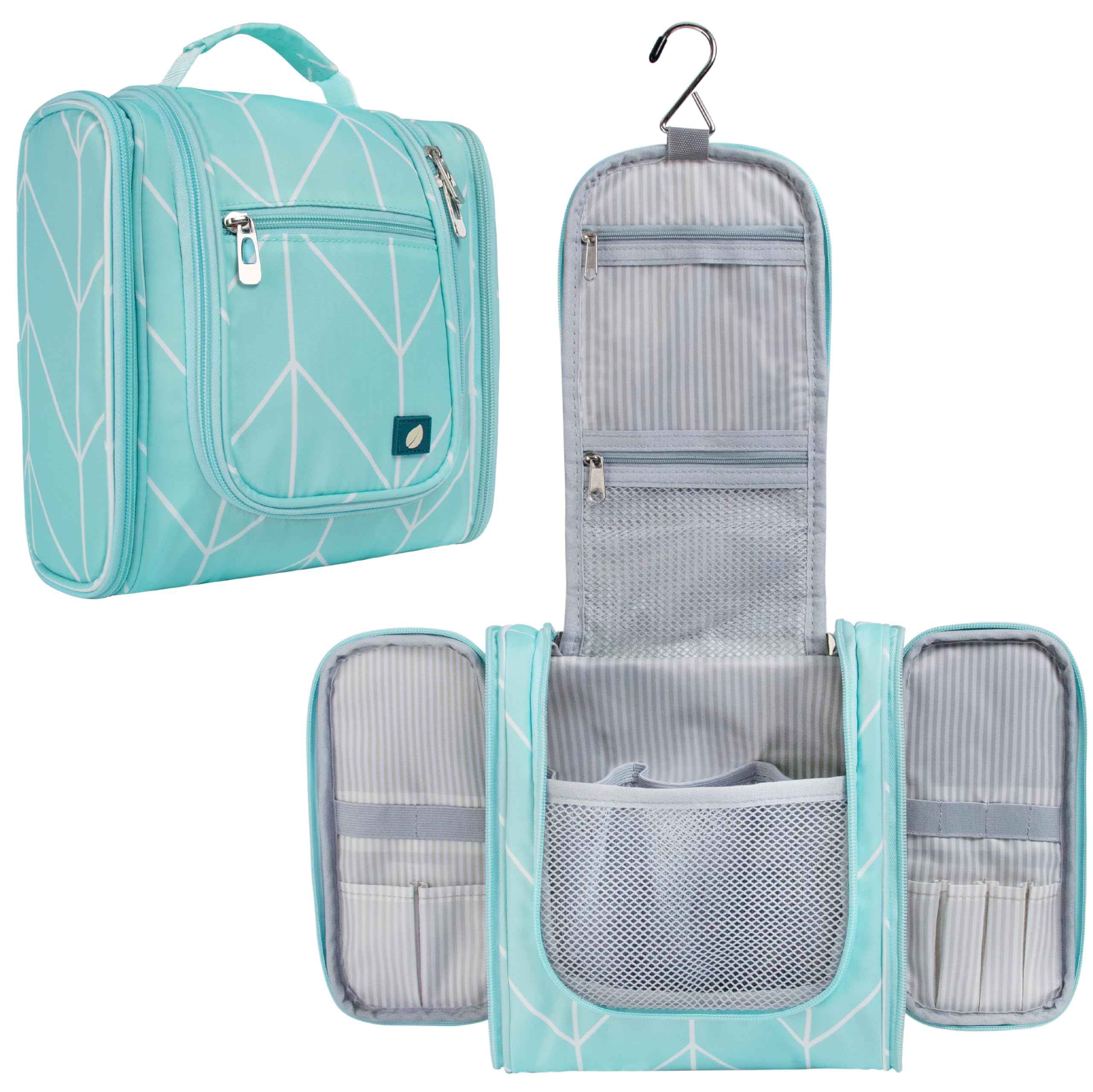 PAVILIA Hanging Toiletry Bag for Women & Men - Waterproof Travel Cosmetic Organizer with Large Capacity for Makeup, Accessories & Toiletries - Perfect for Travel, Gym, Camping & Daily Use (Teal Chevron)