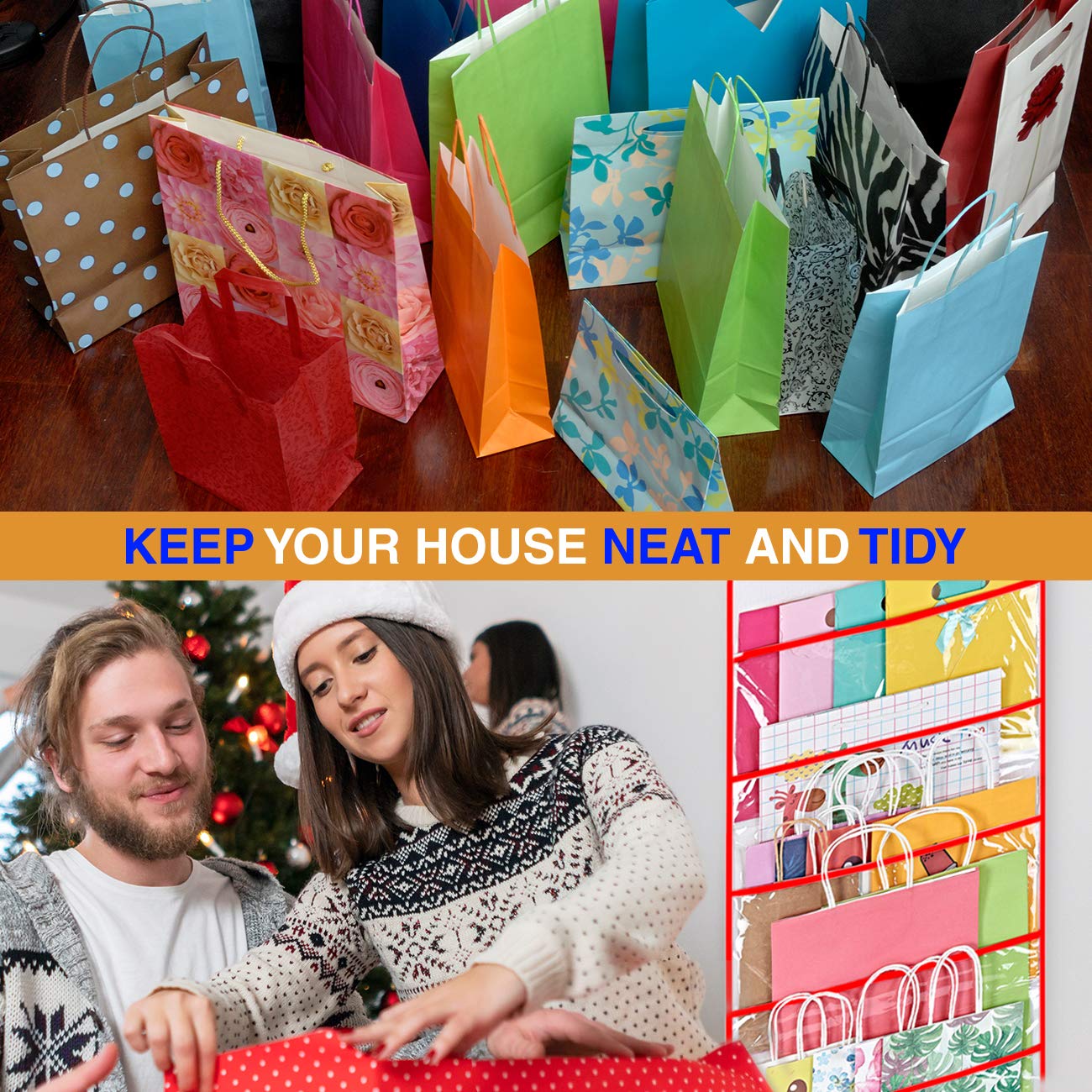 ProPik Hanging Gift Bag Storage Organizer - 38 x 16 Inch PVC Gift Wrap & Tissue Paper Holder (Red) - Perfect for Holiday Wrapping, Birthday Party Supplies & Craft Room Organization
