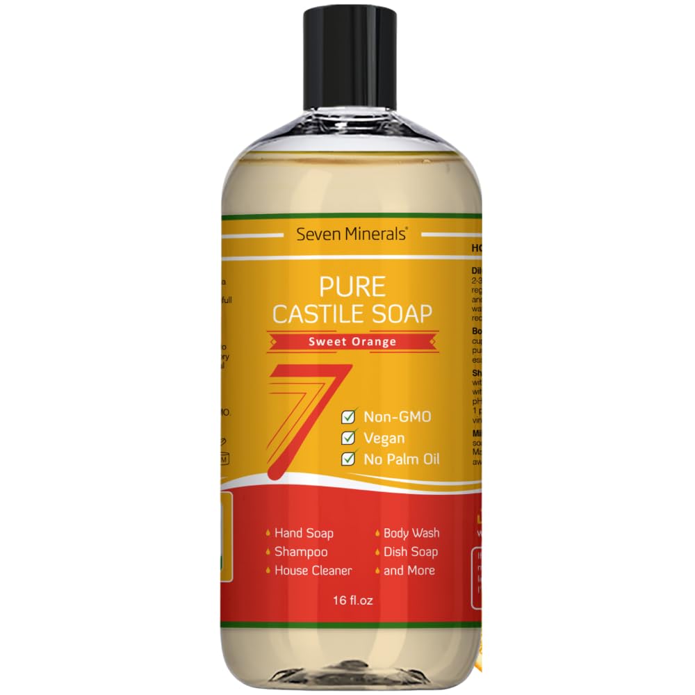 Seven Minerals Pure Castile Soap, Sweet Orange 16oz - No Palm Oil, GMO-Free, Vegan - Gentle Liquid Soap for Sensitive Skin & Baby Wash - All Natural with Organic Oils - Perfect for Face, Body, Hair & Household Cleaning