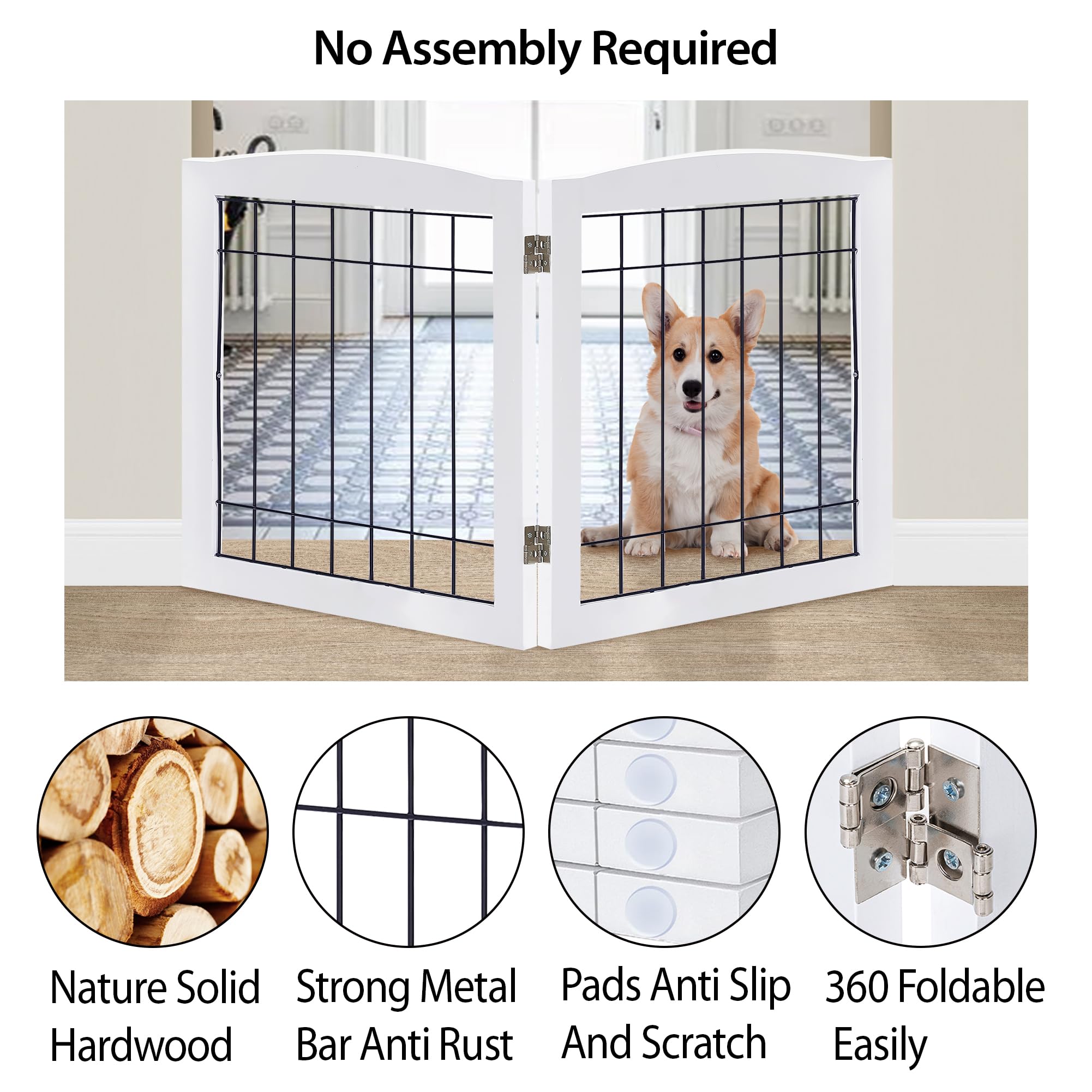 LZRS 2-Panel Freestanding Foldable Wooden Dog Gate with Steel Wire - Chew-Resistant Pet Barrier for Small to Medium Dogs - Solid Wood Construction in White - Perfect for Doorways, Hallways and Staircases (Indoor Use)