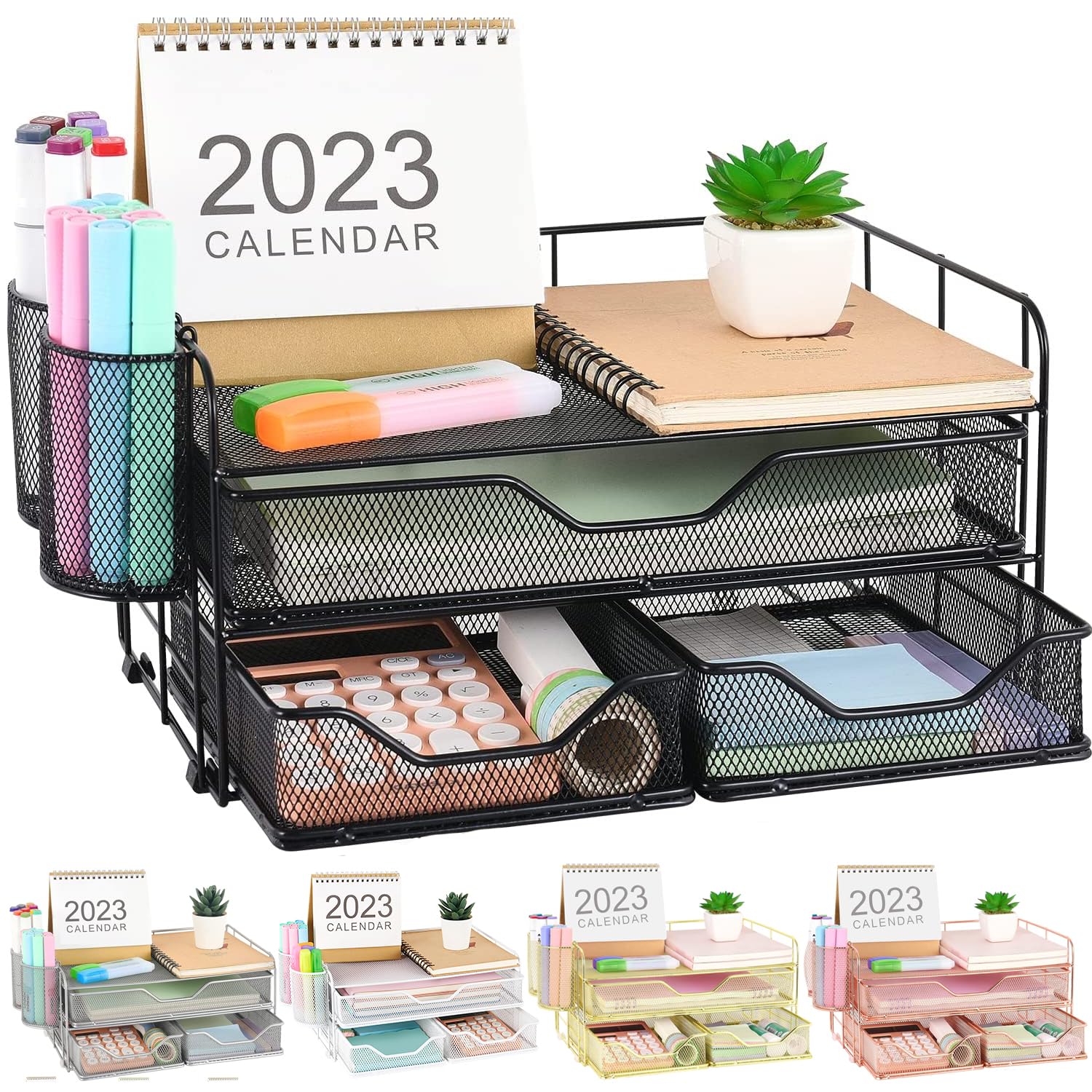 Gianotter 3-Tier Black Desk Drawer Organizer with 2 Pen Holders - Office Supplies Storage Solution for Home & Workspace - Perfect for Organizing Files, Stationery, and Office Accessories