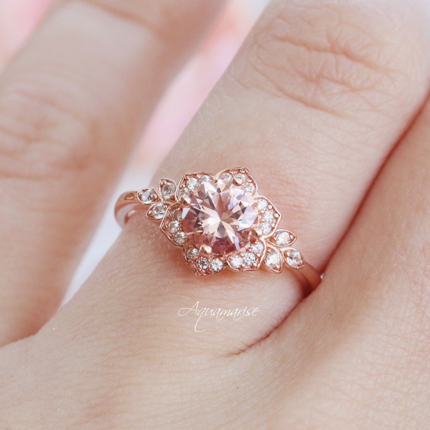 14K Rose Gold Vermeil Jasmine Morganite Ring Set for Women - Elegant Bridal, Engagement, Anniversary & Everyday Jewelry Gift