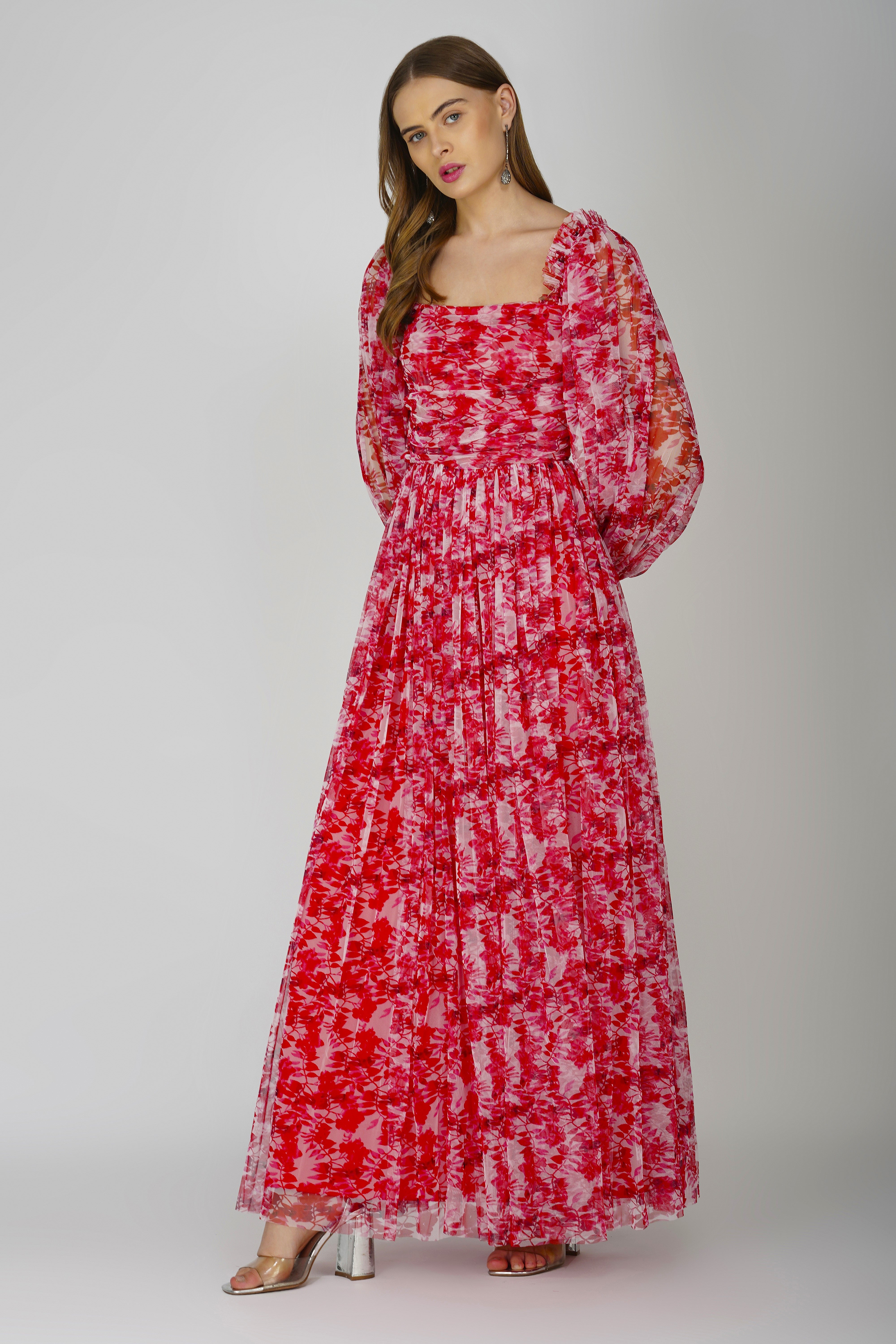 Lana Red Printed Tulle Dress for Women - Elegant Floral Party Gown for Weddings, Prom, Evening Events & Special Occasions