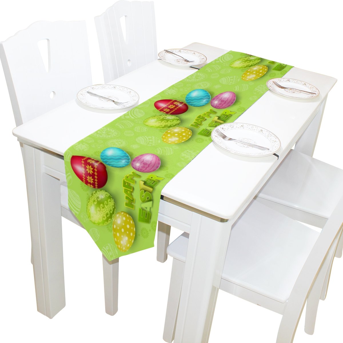 Colorful Rainbow Easter Eggs Table Runner - 13x90 Inch Washable Fabric Tablecloth for Wedding, Party, Banquet Decor - Perfect for Spring Celebrations, Holiday Dining & Coffee Table Styling