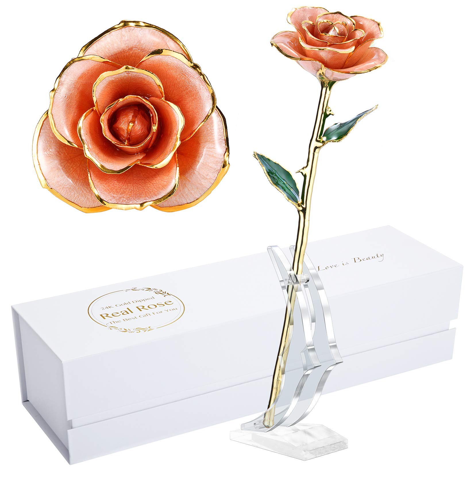 24K Gold Dipped Real Rose in Pink with Stand - Luxurious Eternal Flower Gift for Her, Wife, Anniversary, Valentine's Day - Perfect for Romantic Occasions, Wedding Decor & Home Display
