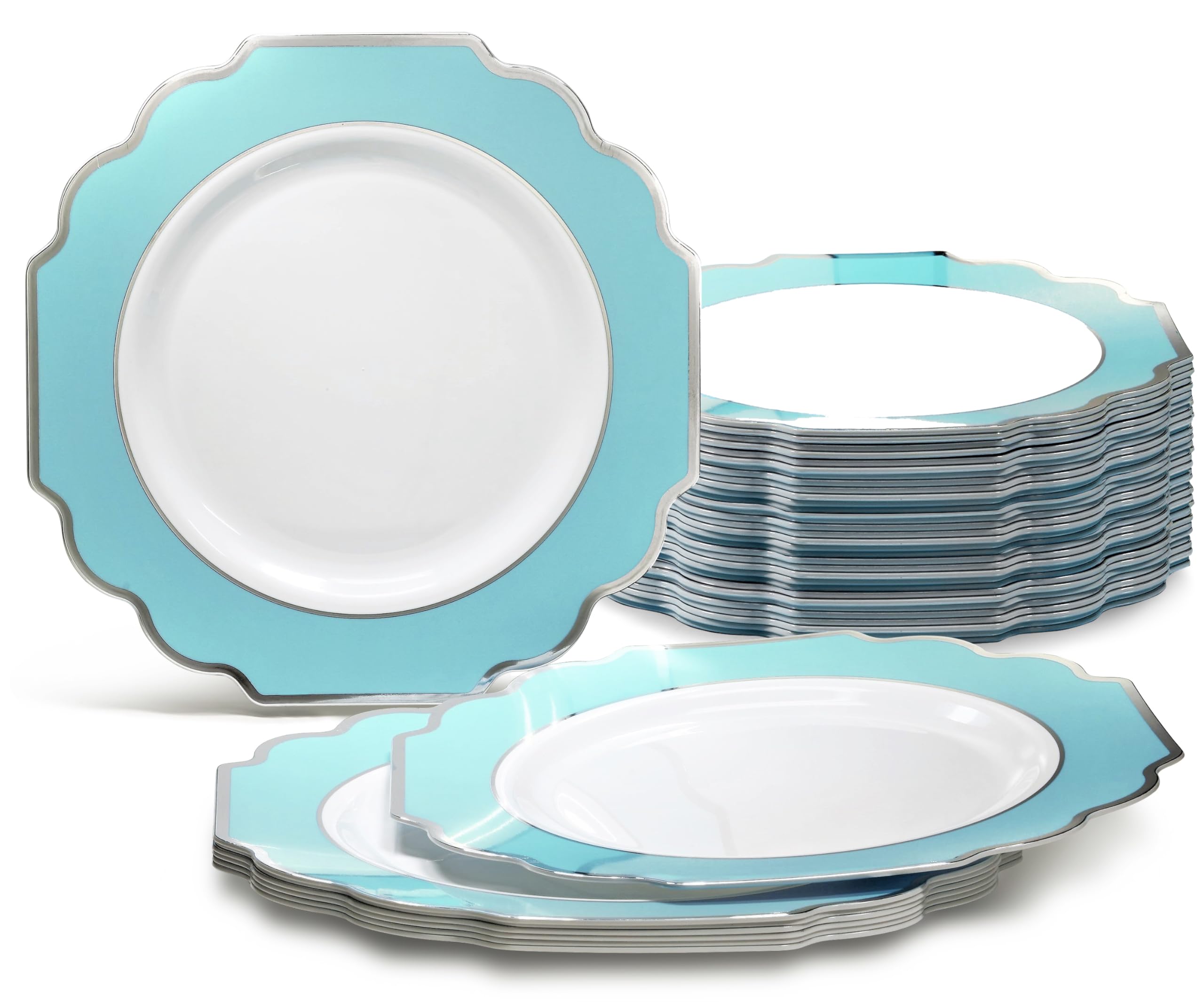 120 Heavyweight Disposable Plastic Plates for Weddings & Parties - 10.5'' Dinner Plates in Imperial Turquoise Blue/Green & Silver - Elegant Tableware for Birthday Celebrations, Baby Showers & Special Events
