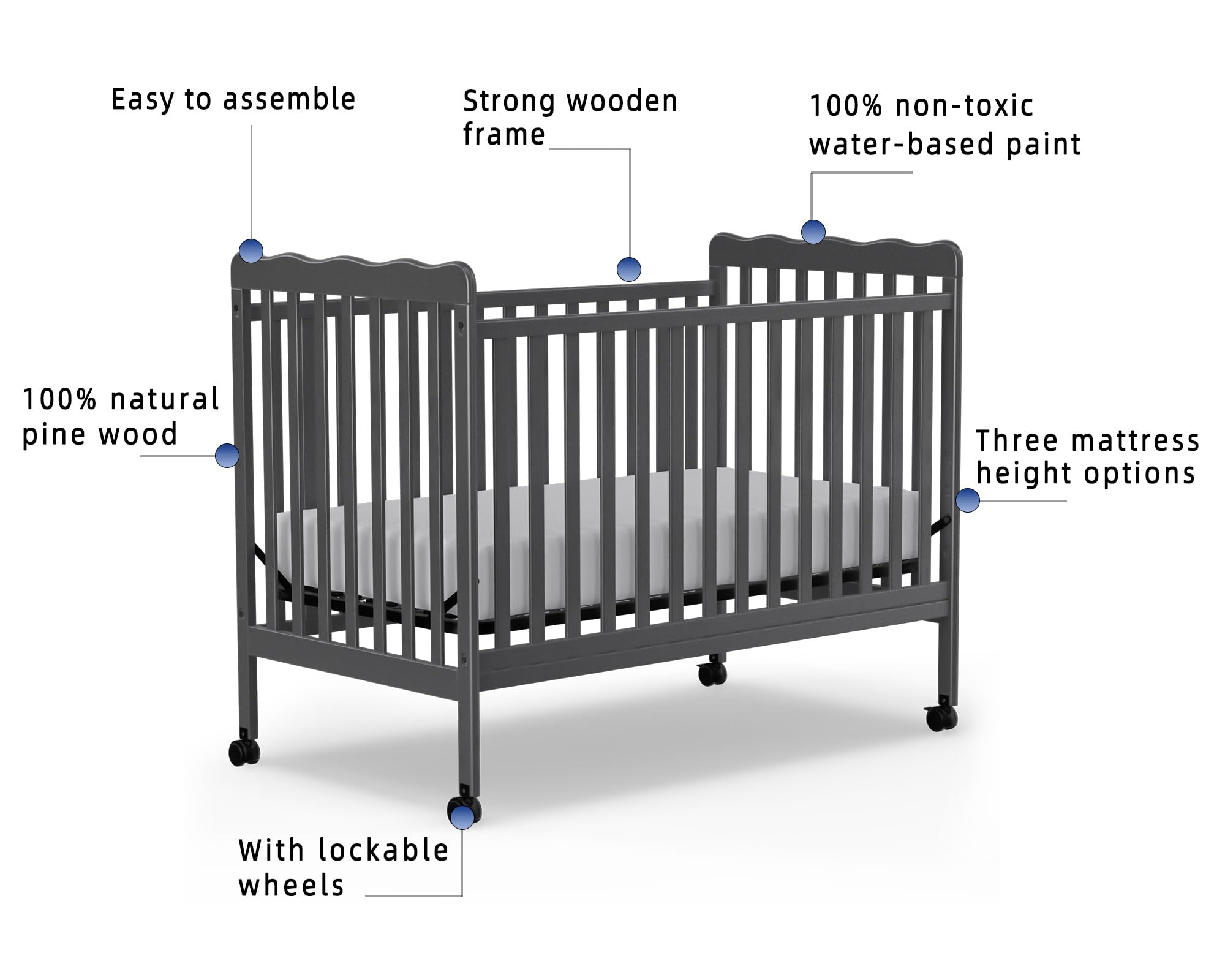 Convertible Baby Crib 3-in-1 to Toddler Bed - Full Size Nursery Furniture with Locking Wheels, Non-Toxic Finish (Storm Gray) - Perfect for Newborns to Toddlers in Modern Nurseries