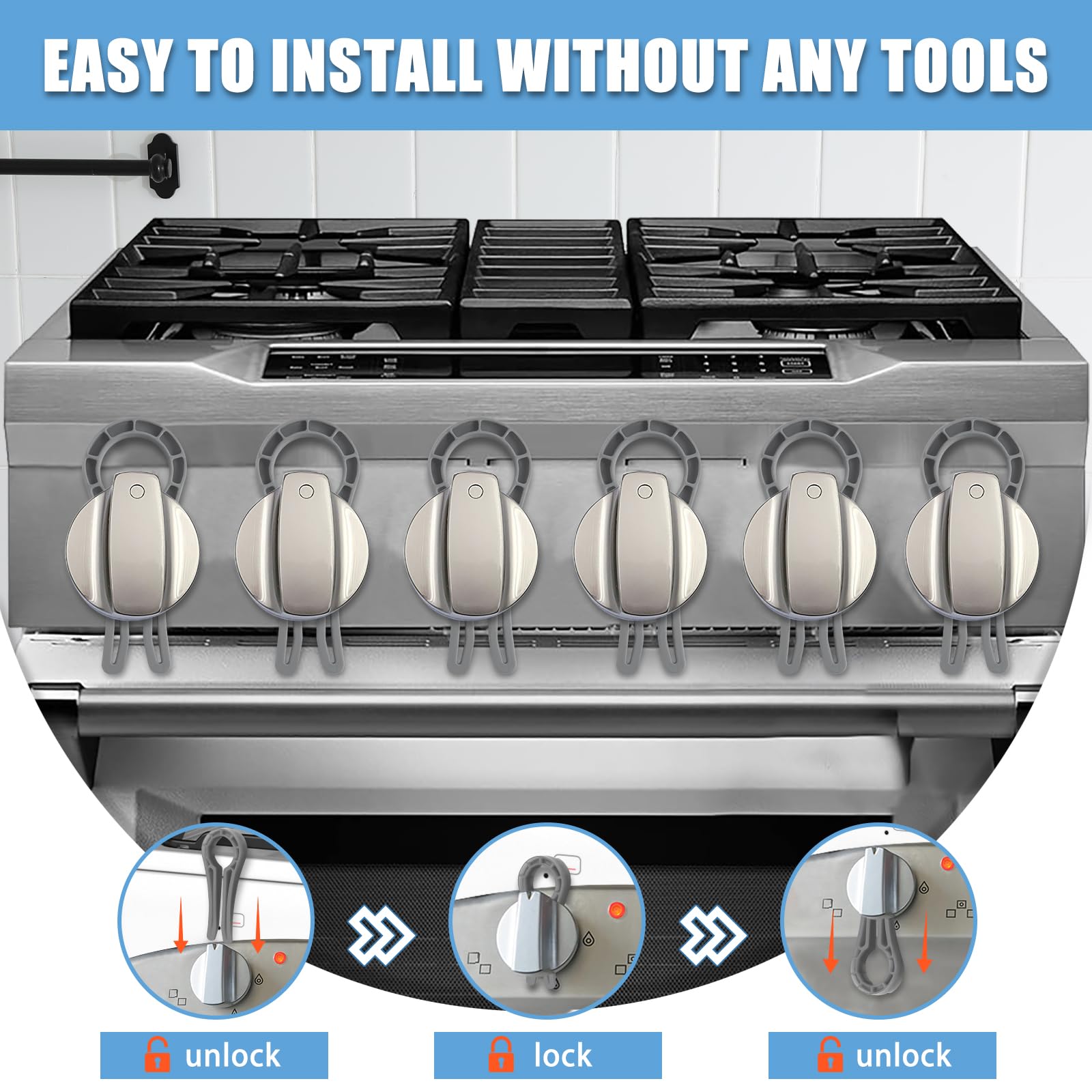 Gas Stove Knob Safety Locks - 6 Pack Child & Pet Proof Oven Knob Covers - Heat Resistant Grey Stove Guard for Kitchen Safety - Perfect for Homes with Kids & Pets