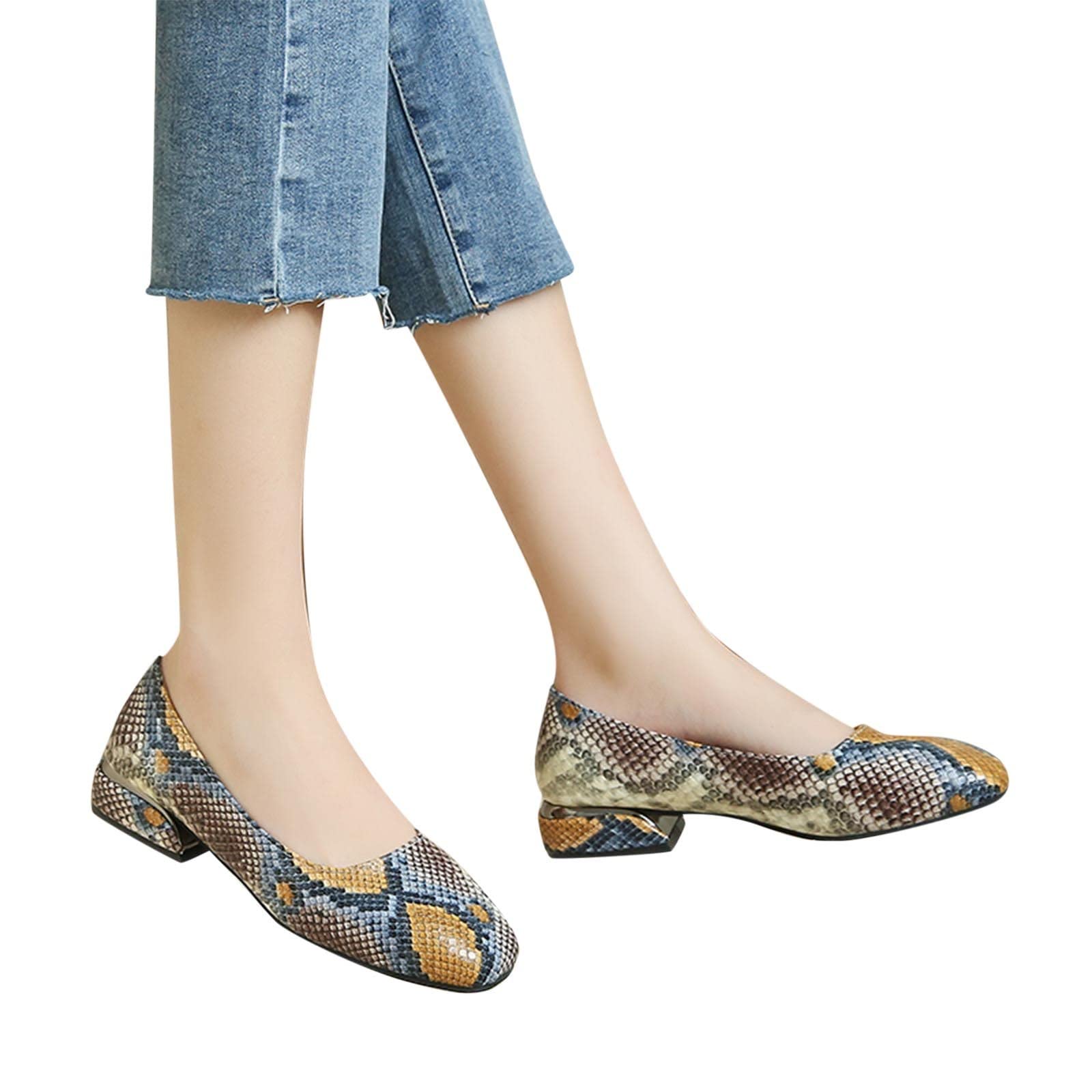 Women's Comfortable Ballet Flats - Wide Width Dressy Block Heel Casual Shoes with Snake Pattern | Size 9 | Perfect for Office, Parties & Everyday Wear