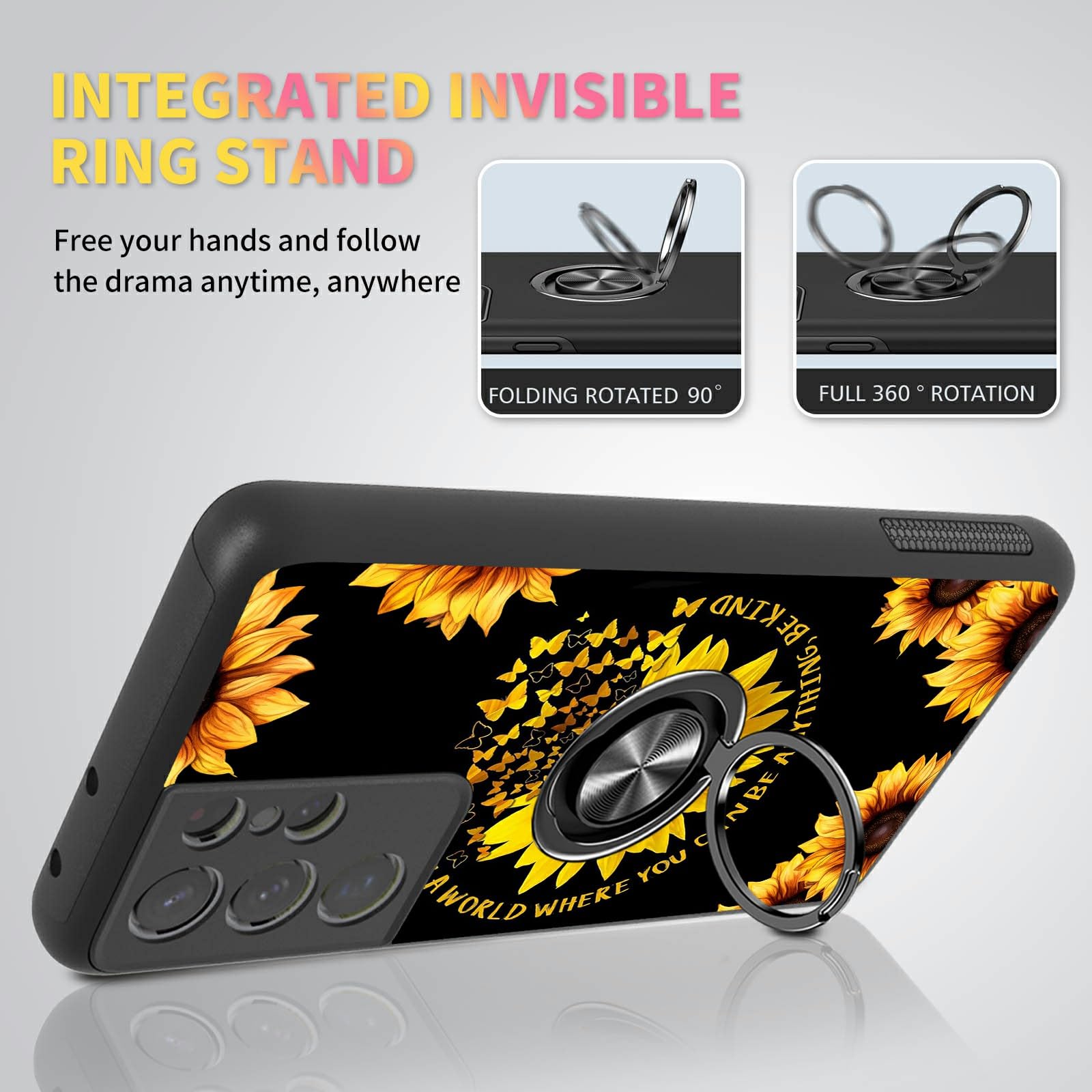 Shockproof Full-Body Protective Case for Samsung Galaxy S21 Ultra with Magnetic Ring Holder - Lightweight Rugged Phone Cover & Car Mount Accessory (Sunflower Butterfly Design) - Perfect for Driving, Outdoor Activities and Daily Protection
