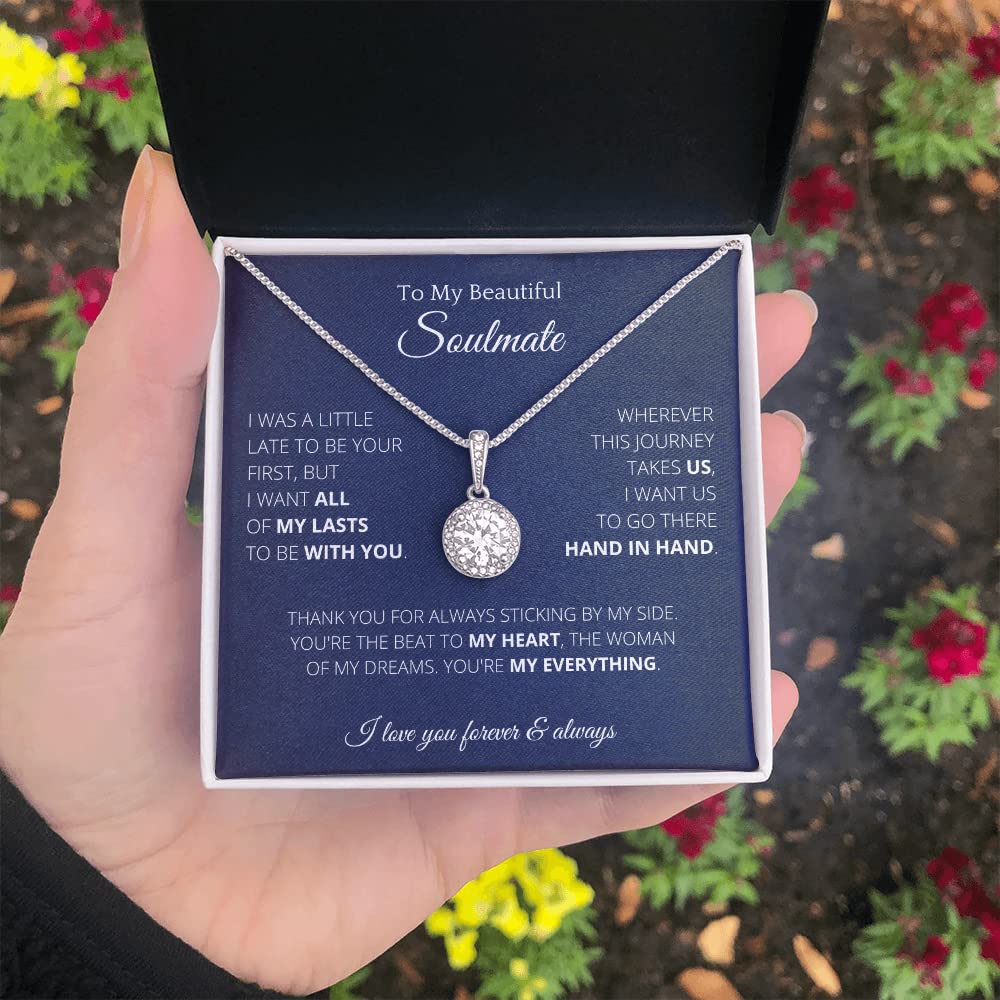 4LOVEBIRDS Soulmate Couple Necklace - Stainless Steel Cubic Zirconia Pendant for Her, Romantic Gift for Wife/Girlfriend with Message Card Box - Birthday, Christmas, Anniversary Jewelry - Perfect for Date Nights & Special Occasions