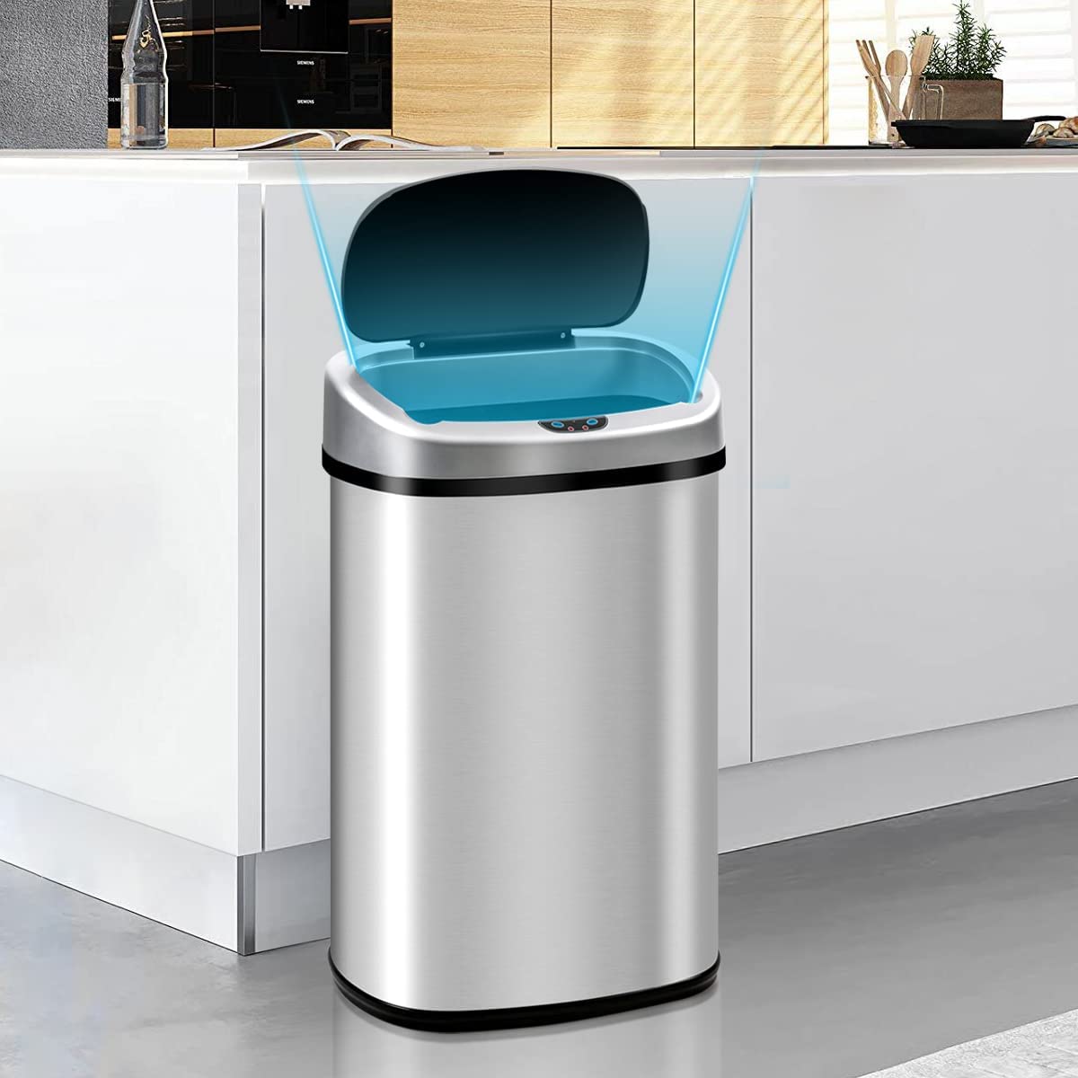 13 Gallon Stainless Steel Automatic Touchless Trash Can with Lid - Motion Sensor Garbage Bin for Kitchen, Bathroom, Bedroom & Office - Silver | Hands-Free Waste Disposal for Hygienic Home & Workspaces