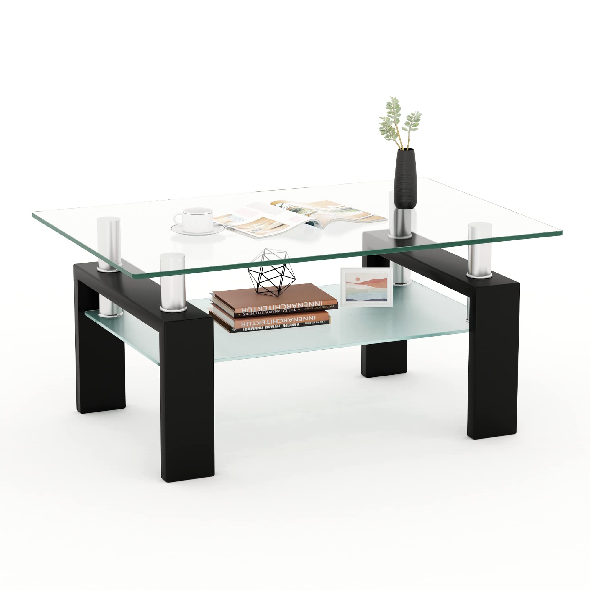 Modern Rectangle Tempered Glass Coffee Table with Sturdy Metal Legs - Perfect for Living Room, Home Office & Conversation Areas - Durable Glass End Table for Leisure & Entertainment Spaces