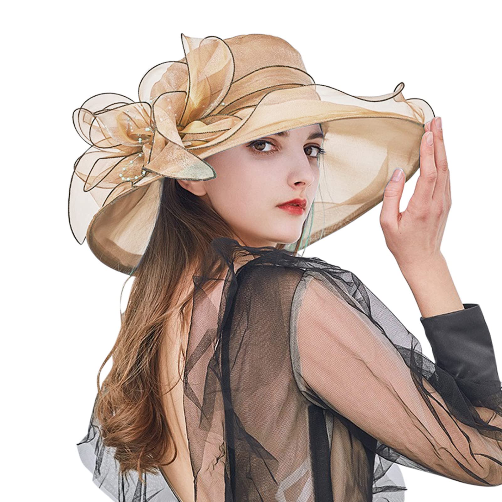 Women's Wide Brim Sun Hat with Flower - Summer Beach Hat for Bridal Shower, Outdoor Wedding, Vacation & Rain Protection - UV Protection Floppy Hat for Women