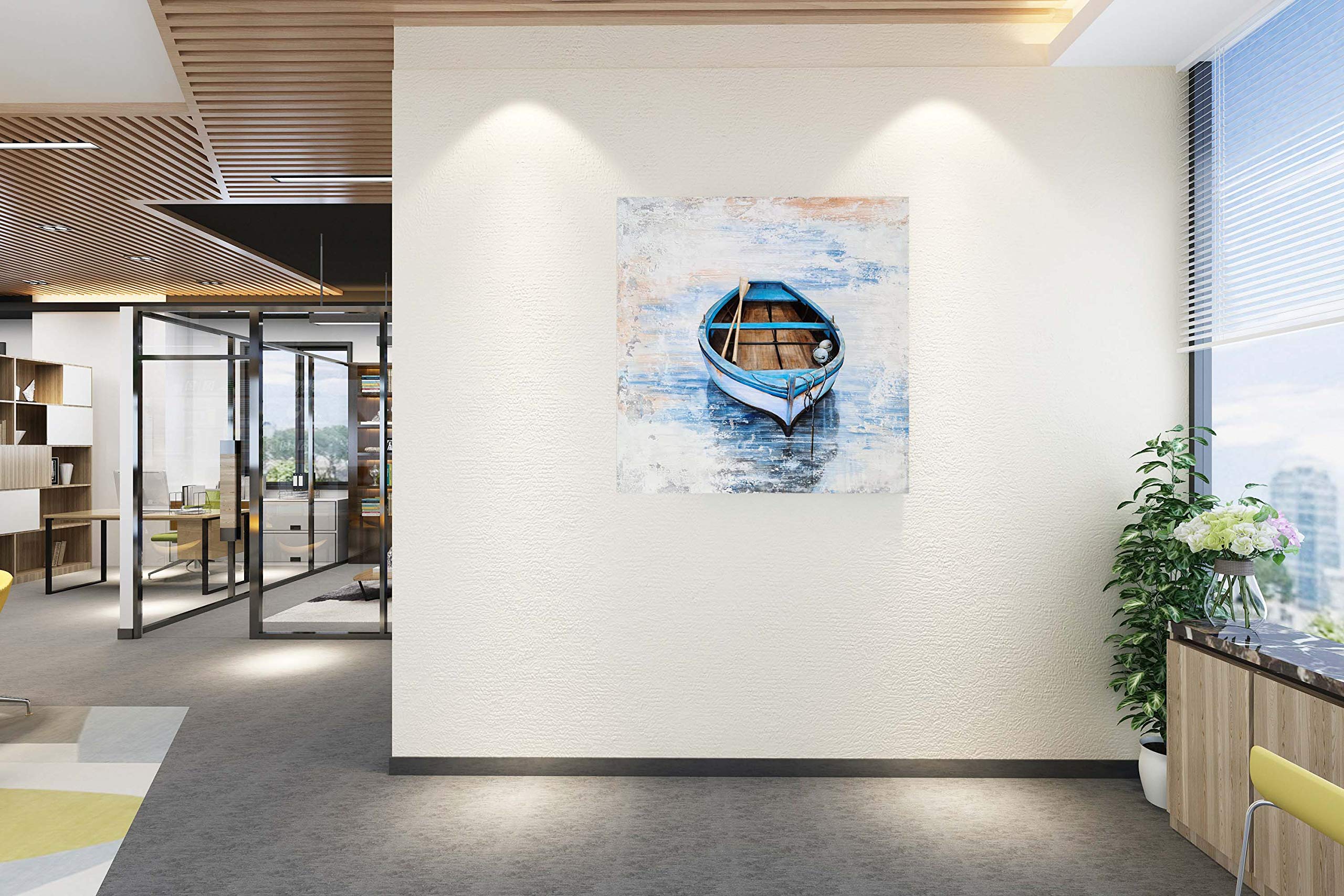 Hand Painted Coastal Sailing Boat Canvas Wall Art - Modern Abstract Nautical Painting in Light Blue - Square Wall Decor for Living Room, Bedroom & Bathroom - Perfect for Beach House, Office or Seaside Themed Spaces