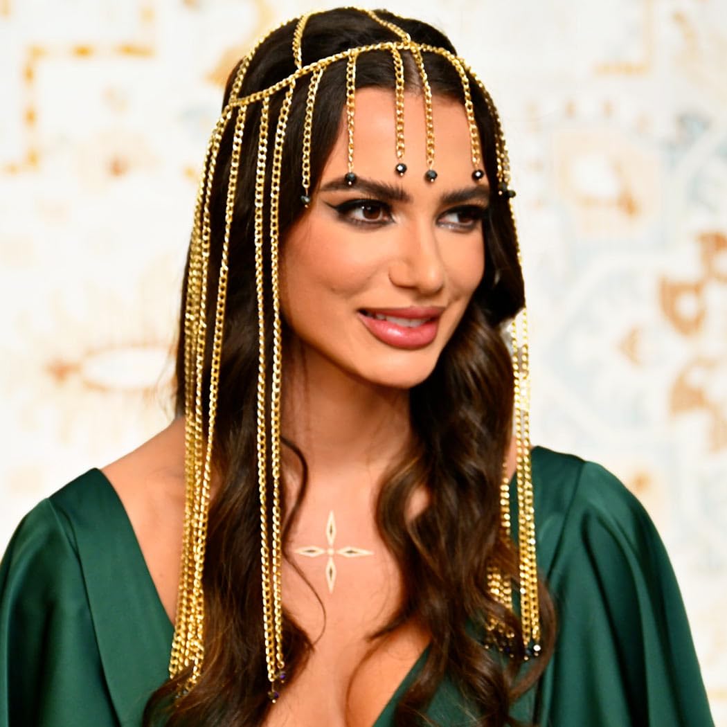 Egyptian Gold Headpiece with Tassel Beads - Elegant Festival Hair Chain Accessory for Women - Perfect for Music Festivals, Boho Weddings & Costume Parties