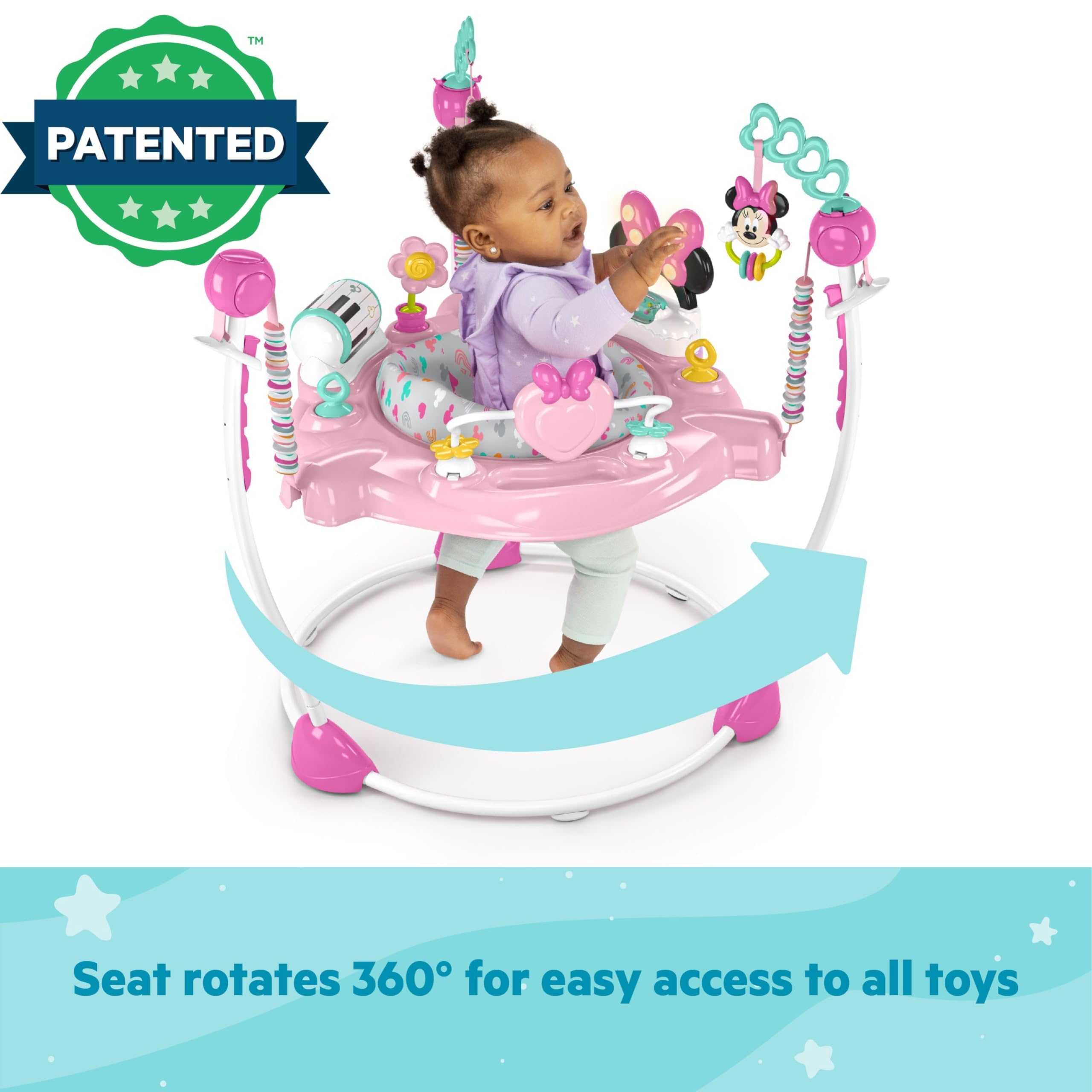 Bright Starts Disney Baby Minnie Mouse Forever Besties Baby Activity Jumper with 10 Interactive Toys, Lights & Sounds, 360-Degree Rotating Seat for Infants 6-12 Months (Pink) - Perfect for Playtime, Learning & Motor Skill Development