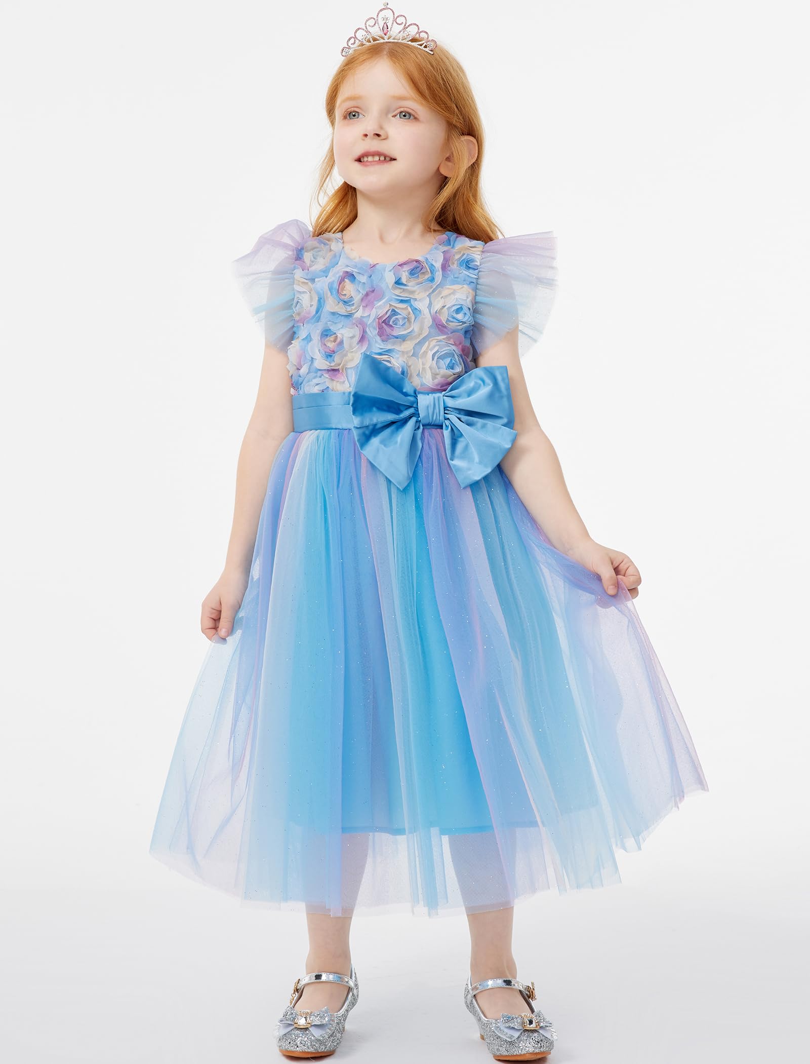 Girls Floral Dress with Flutter Sleeves - Rainbow Mesh Tulle Princess Party Dress with Bowknot | Perfect for Weddings, Birthday Parties & Special Occasions