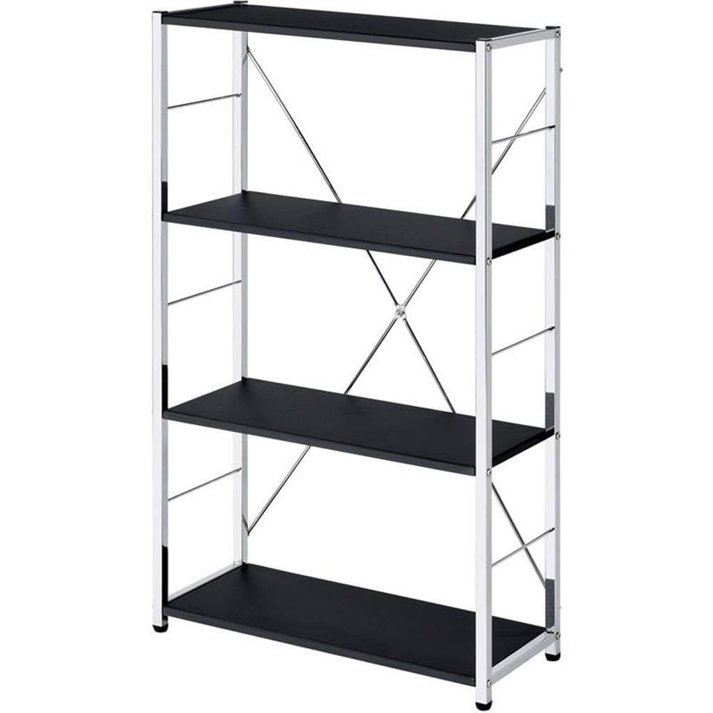 Acme Tennos 4-Tier Wooden Shelves Bookshelf with Sturdy Metal Frame in Black & Chrome - Perfect for Home Office, Living Room & Bedroom Storage