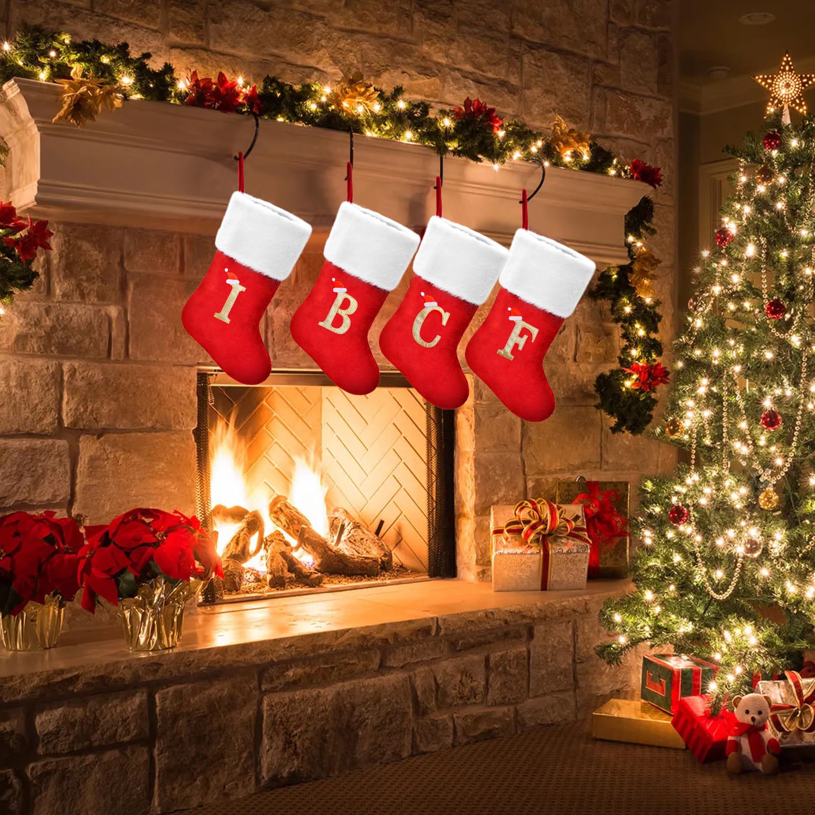 20 Inches Personalized Christmas Stockings - Large Red Velvet with Soft Plush Cuff & Embroidered Gold Letter Monogram - Holiday Decor for Fireplace, Mantel, Party & Seasonal Home Decoration (Custom Initial C)