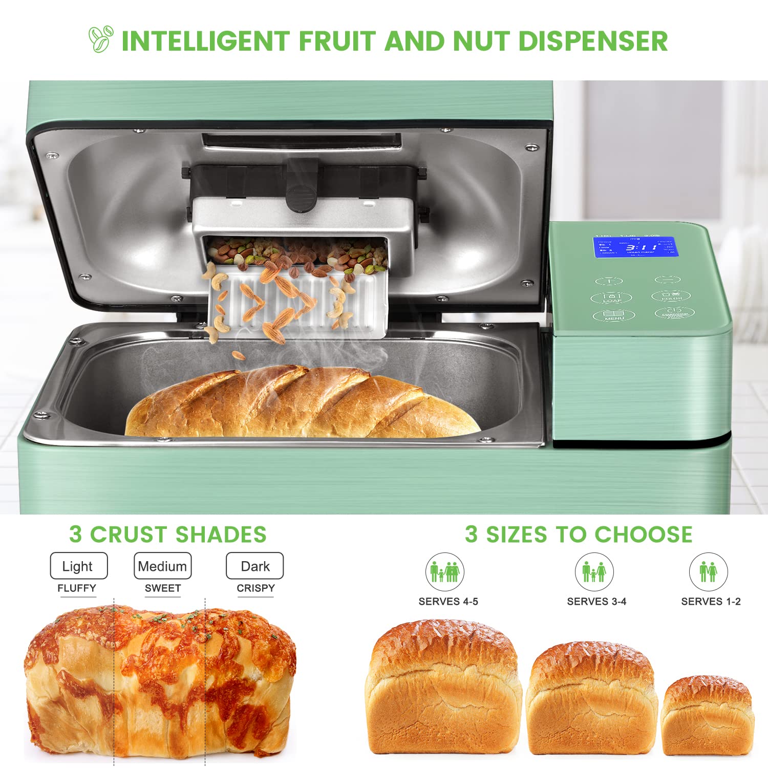 17-in-1 Multifunctional Bread Maker Machine with Dual Heaters - 2.2LB Large Capacity, Non-Stick Ceramic Pan & Auto Fruit Dispenser - Stainless Steel Bread Maker with Touch Panel, 15H Timer & Keep Warm Function - Perfect for Home Baking, Fresh Bread, Gluten-Free & Artisan Loaves
