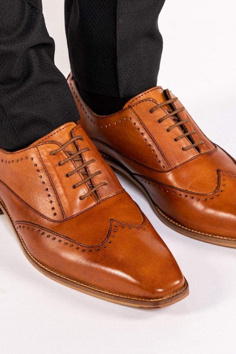 Marc Darcy Carson Tan Wingtip Oxford Brogue Shoes - Classic Men's Dress Shoes for Business, Formal & Wedding Occasions
