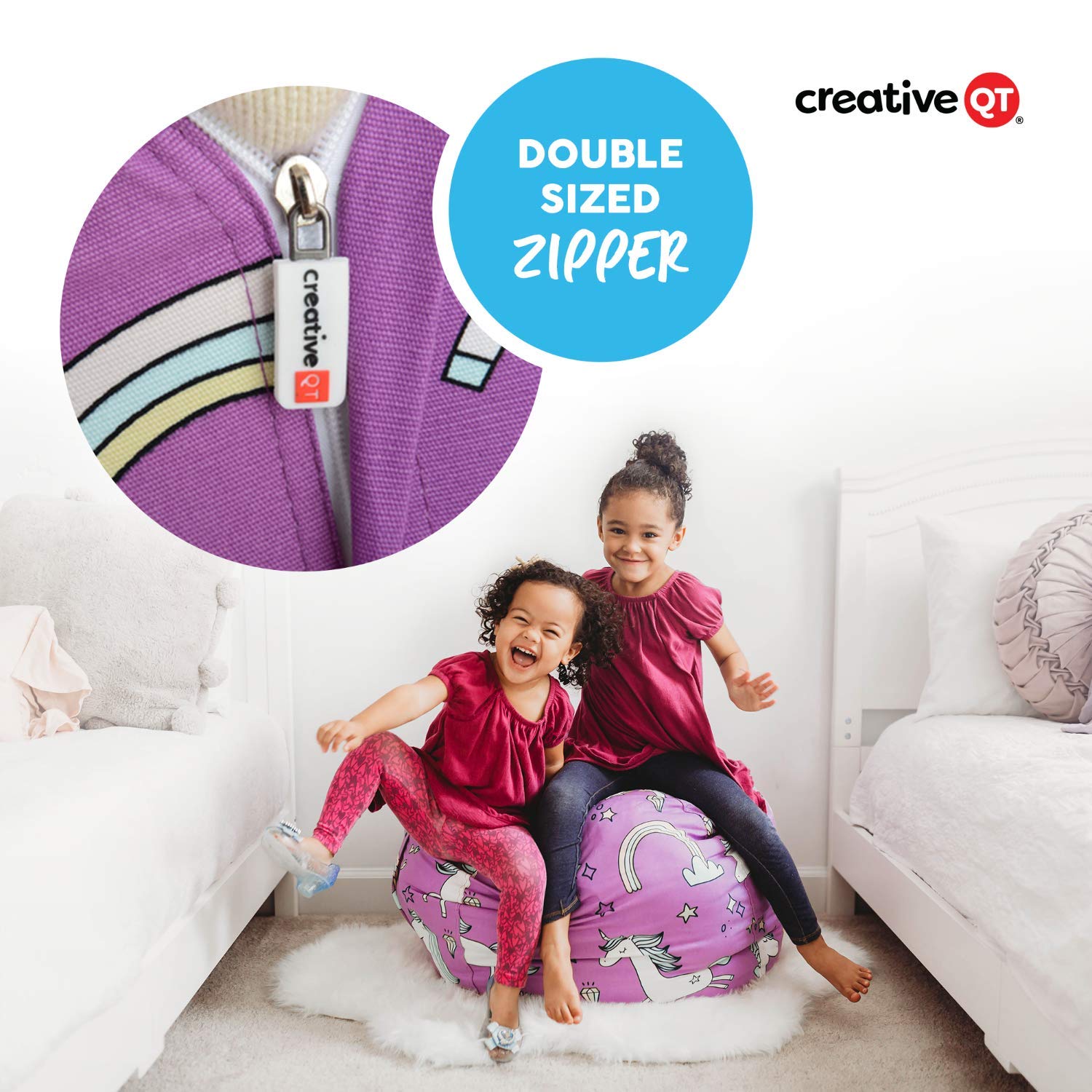 Creative QT Stuff 'n Sit Large 33'' Stuffed Animal Storage Bean Bag Cover - Giant Plush Toy Organizer for Kids' Bedroom, Toddler Playroom & Nursery Decor - Purple Unicorn Design for Fun Playtime & Cozy Reading Nook