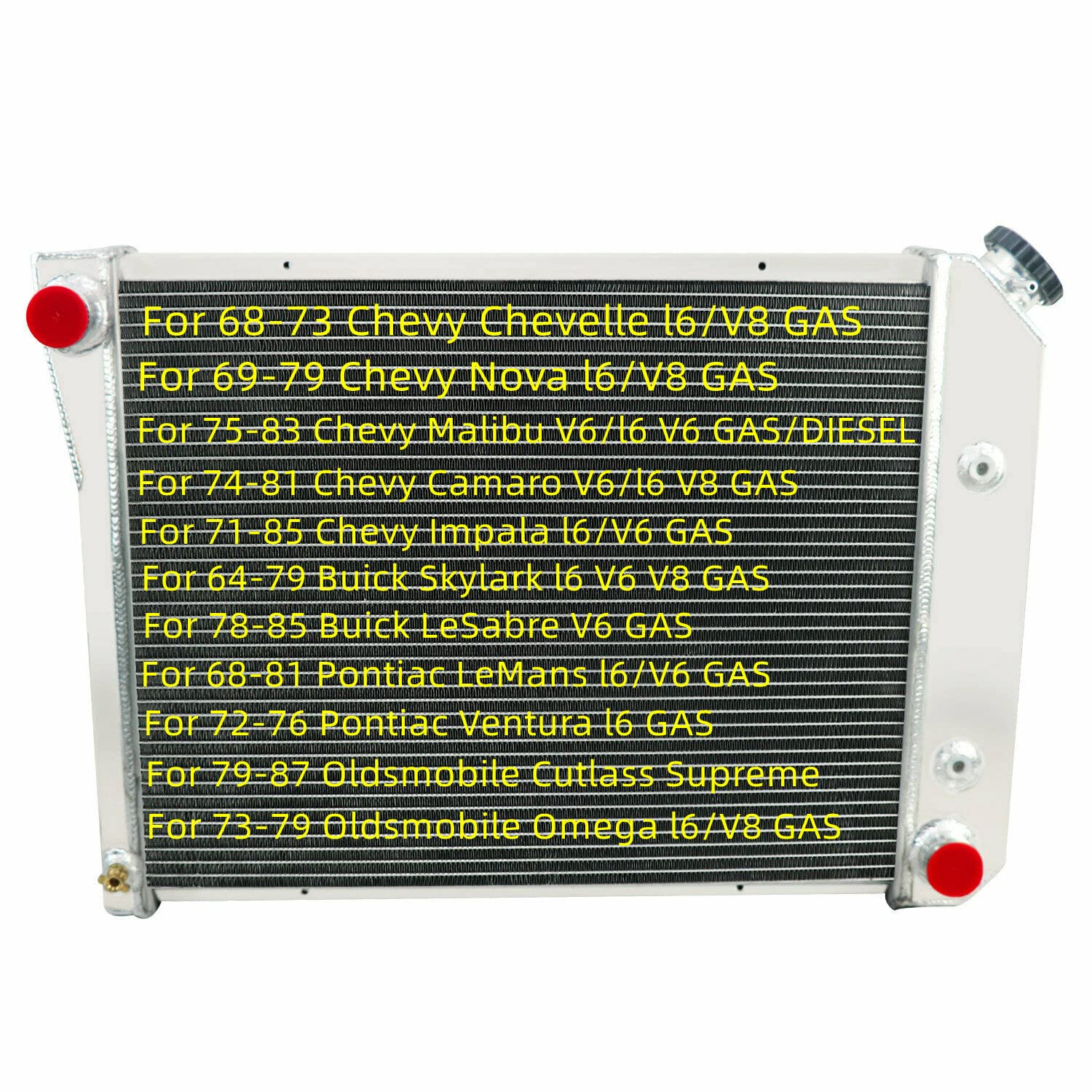 High-Performance 4-Row Aluminum Radiator for 68-88 Chevy Chevelle Impala Caprice Camaro El Camino & 84-87 Buick Skylark LeSabre & 68-87 Pontiac LeMans Ventura - Includes Shroud & Fan Relay - Perfect for Classic Car Restoration & Hot Rod Upgrades