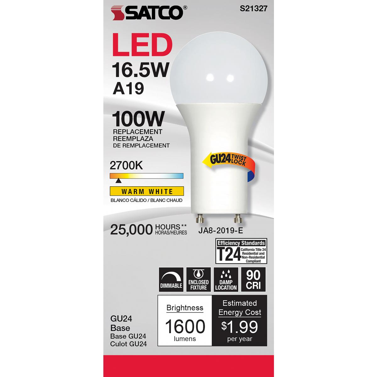 Energy Efficient A19 LED Light Bulb - 100W Equivalent, 17W, 1600 Lumens, 2700K Warm White, GU24 Base, Frosted Finish - Perfect for Home, Office & Commercial Lighting