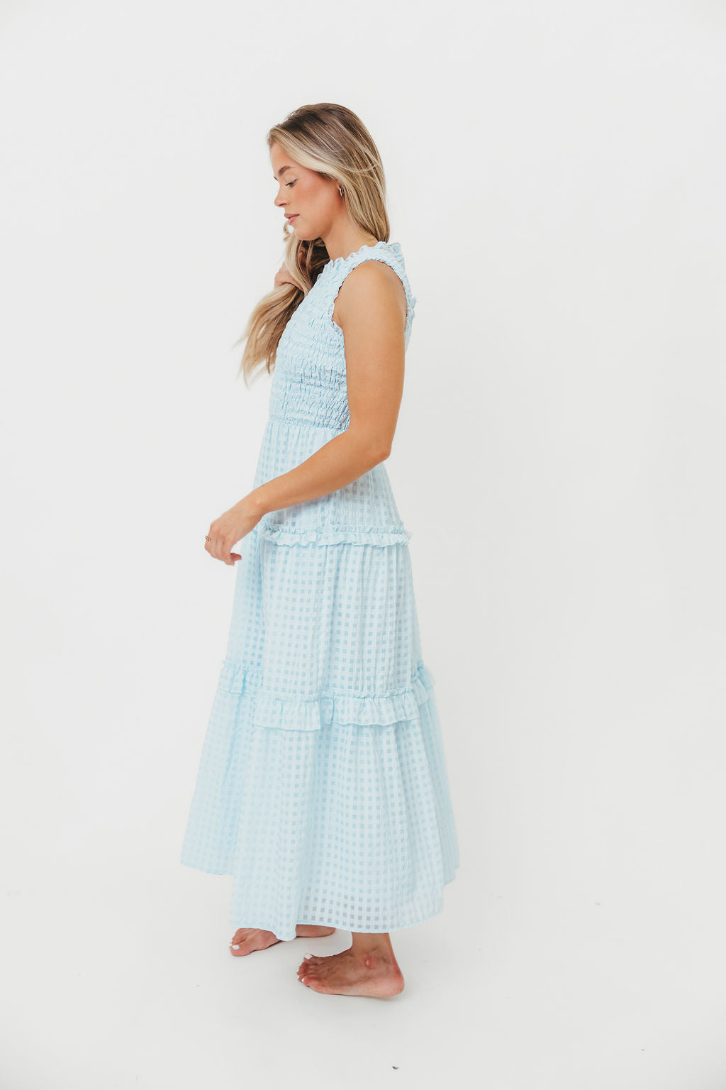 Powder Blue Hyacinth Sleeveless Gingham Maxi Dress with Ruffle Details - Perfect for Summer Beach Vacations, Garden Parties & Boho Fashion Outfits
