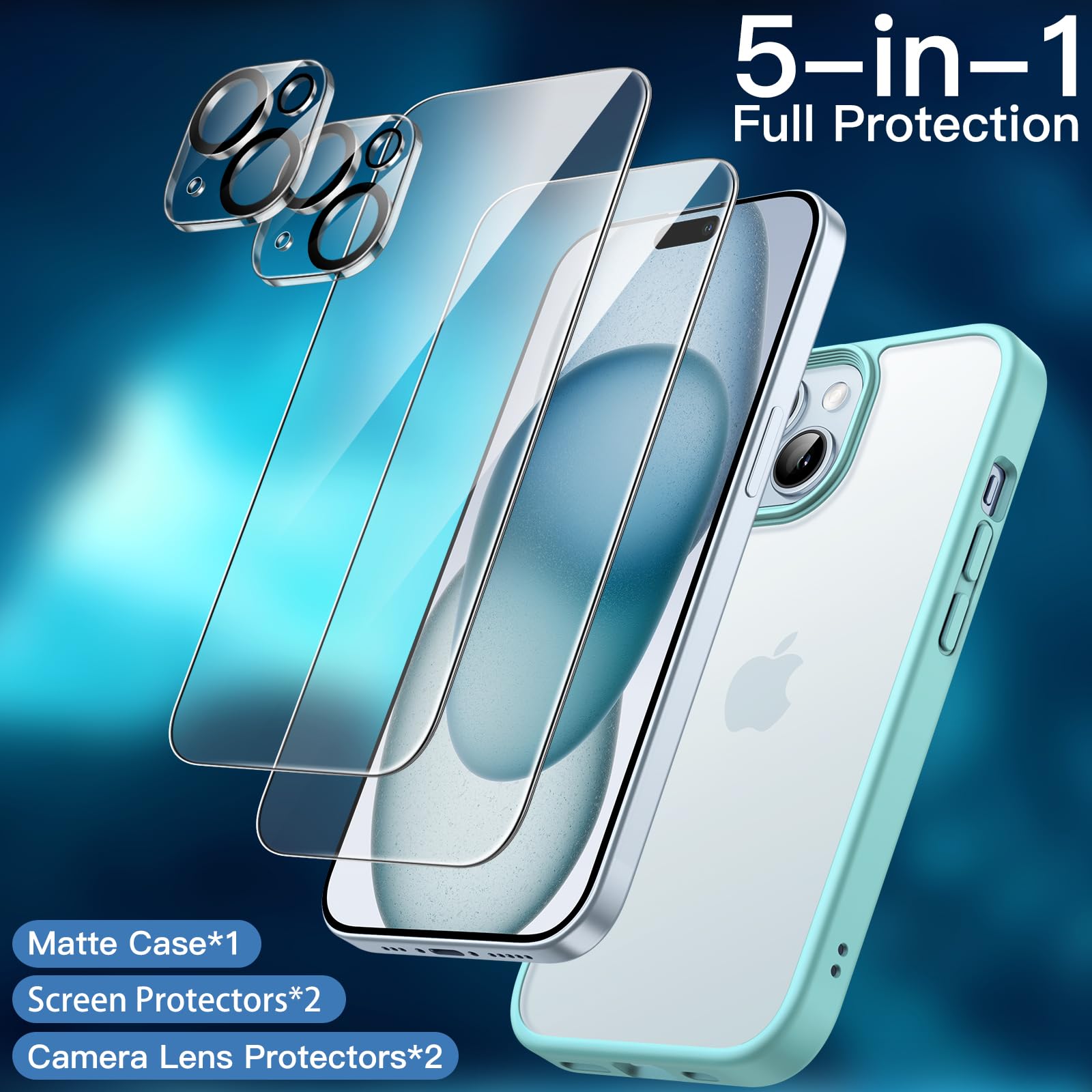 JETech 5-in-1 Matte Shockproof Case for iPhone 15 Plus 6.7-Inch with 2-Pack Tempered Glass Screen Protector & Camera Lens Protector - Translucent Back Cover (Bright Blue) | Premium Protection for Work, Travel & Outdoor Activities
