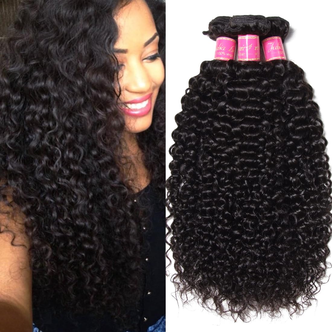 ALI JULIA 3-Pack 10A Malaysian Virgin Curly Hair Extensions - 100% Human Hair Weft (16/18/20 Inch) 95-100g/pc - Natural Black Color for Styling, Volume & Length - Perfect for Daily Wear, Parties & Special Occasions