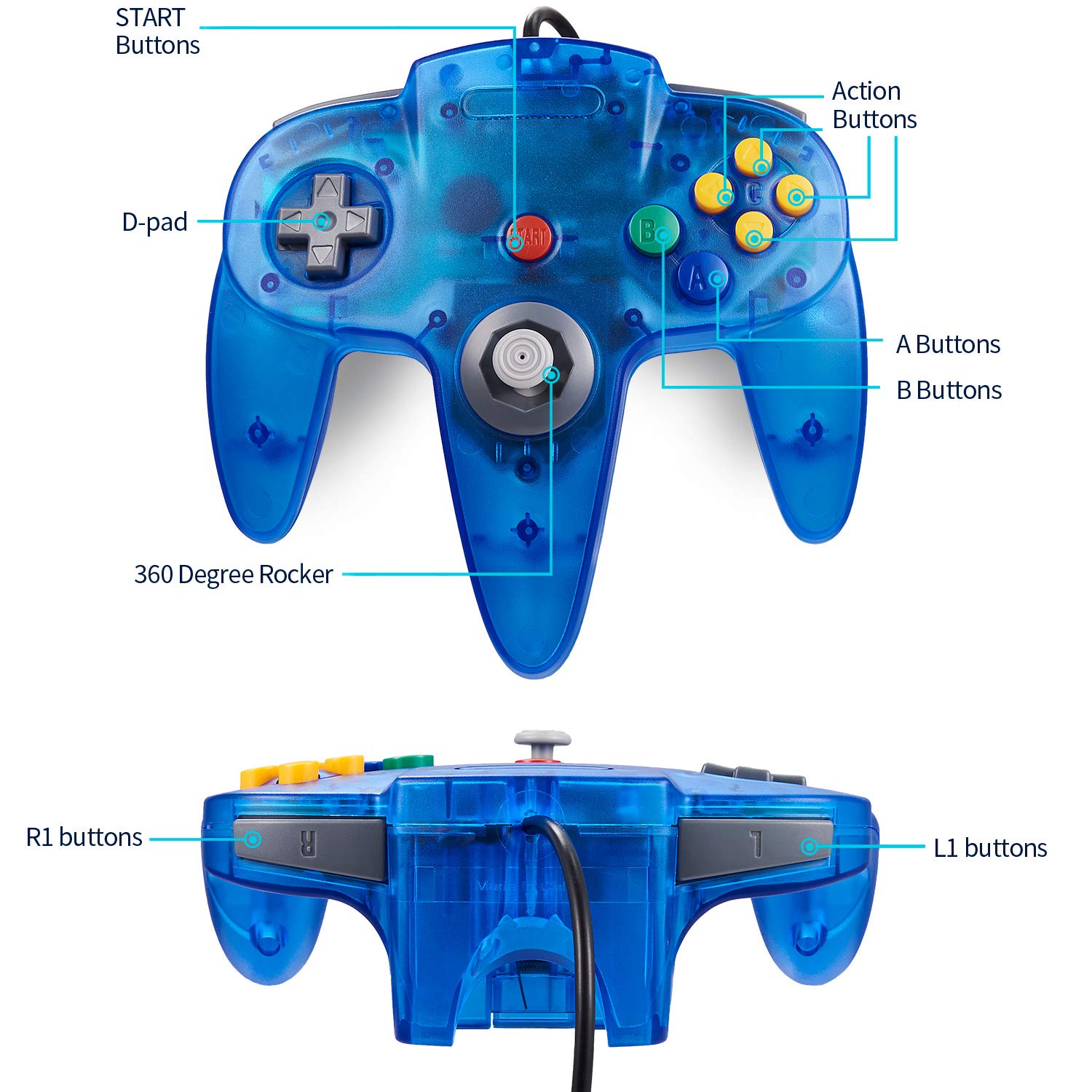 KIWITATA Classic N64 Controller - Wired Gamepad Joystick for Nintendo 64 System - Clear Blue Retro Gaming Controller - Perfect for N64 Console, Super Mario 64, Zelda & Multiplayer Gaming Sessions