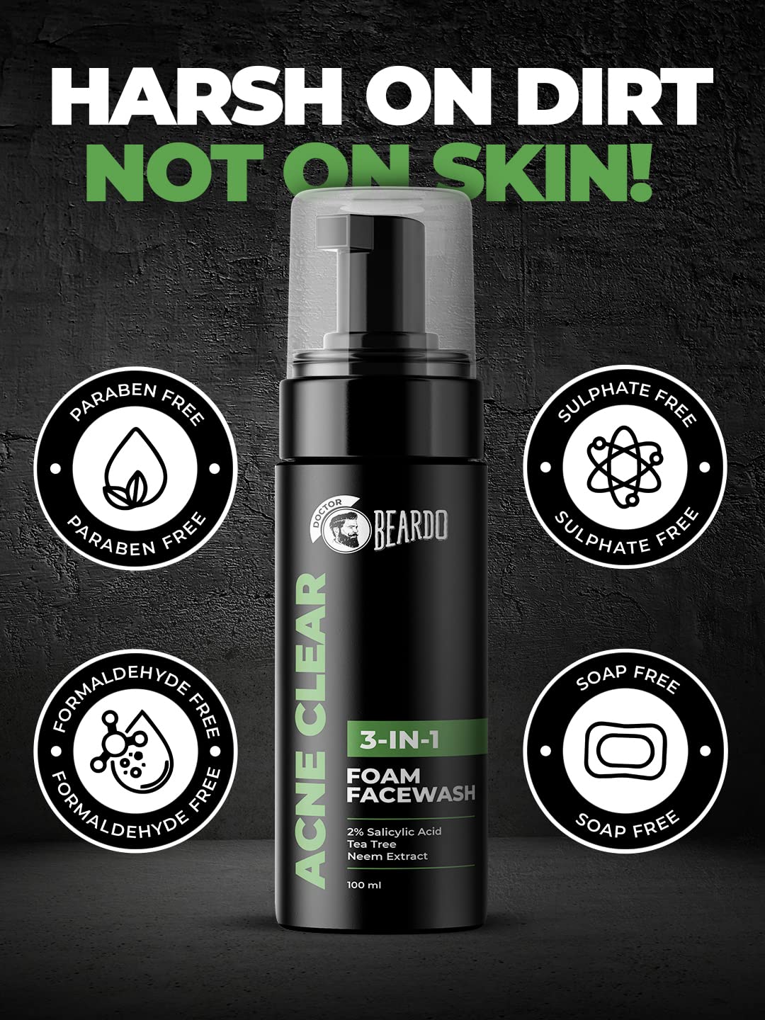 Beardo Acne Clear Foam Face Wash for Men - 100ml | 3-in-1 Acne Treatment with 2% Salicylic Acid | Oil-Free & Pimple Control | Perfect for Daily Skincare Routine & Gym Aftercare
