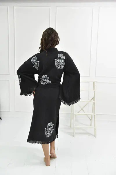 Organic Hamsa Hand Kimono Robe for Women - One Size Black - Perfect for Spa, Yoga & Relaxation at Home