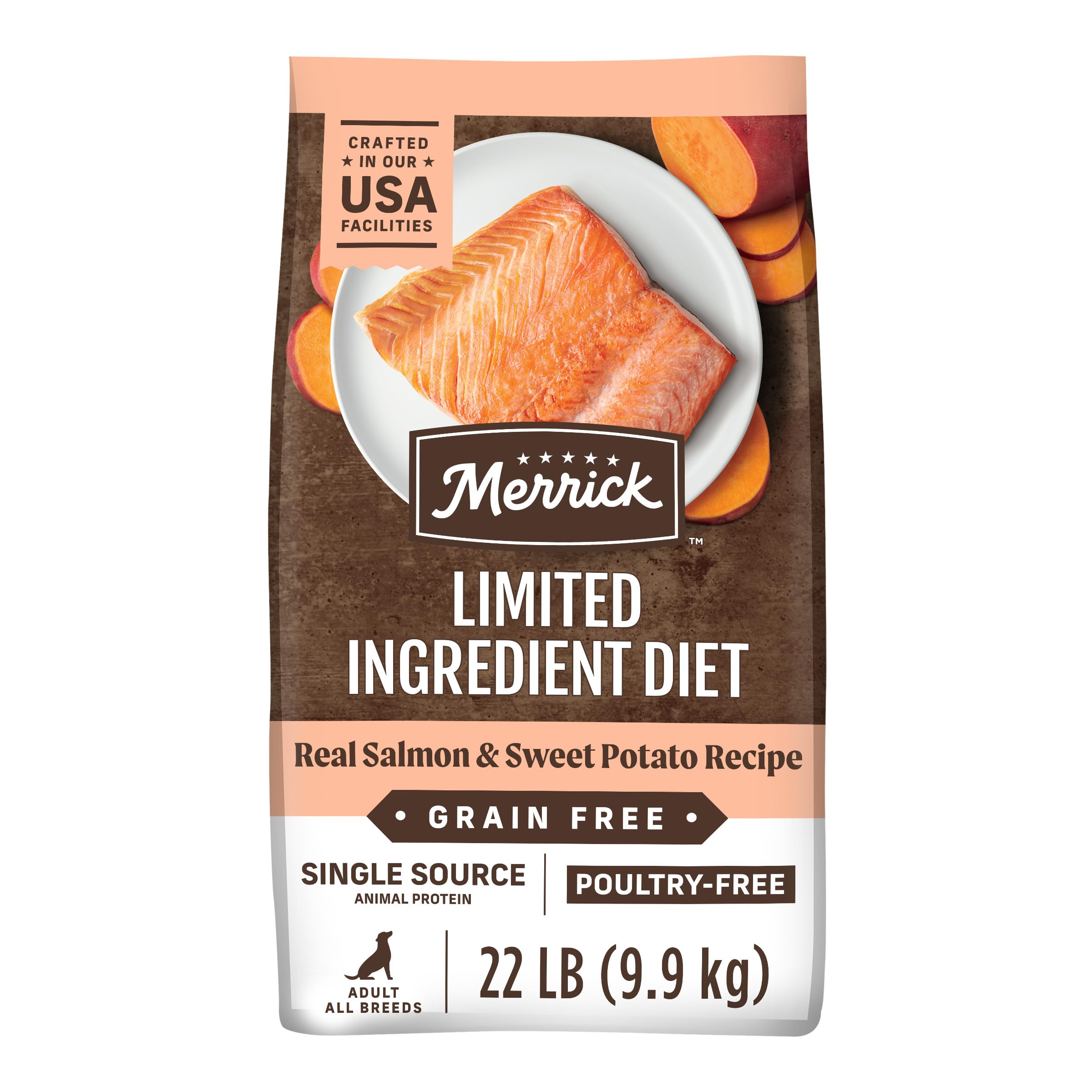 Merrick Limited Ingredient Diet Grain Free Dry Dog Food - Salmon & Sweet Potato Recipe - 22 lb Bag | Premium Healthy Kibble for Dogs with Food Sensitivities | Perfect for Adult Dogs with Allergies or Sensitive Stomachs