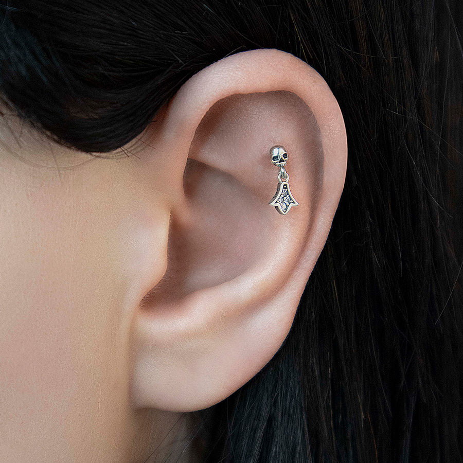 LUX. Skull & Fan Drop Stud Earrings in Silver - Gothic Punk Jewelry for Women, Perfect for Parties, Concerts, and Everyday Wear