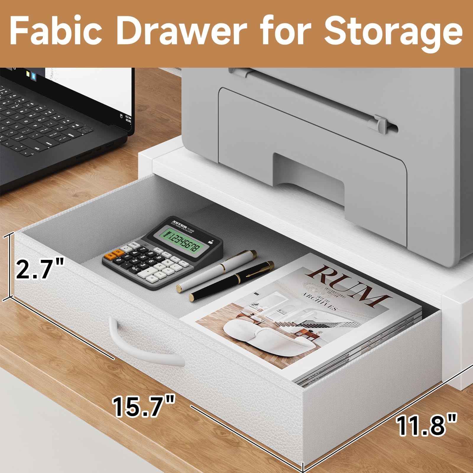 2-Tier Desktop Printer Stand with Fabric Drawer - Home Office Organizer with Storage Shelf for 3D Printer, Fax Machine & Scanner - Space-Saving Desk Accessory (17.3